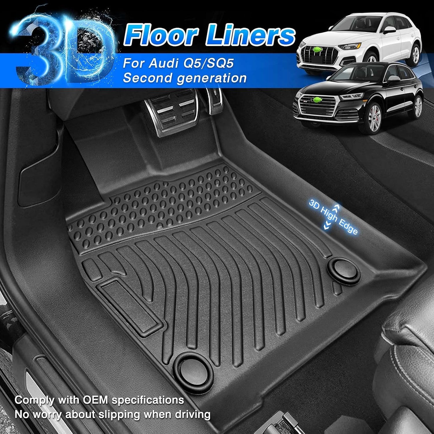 Cartist Floor mats Fit for 2018 2019 2020 2021 2022 2023 2024 Audi Q5/SQ5 5 Seating All Weather Floor Mats for Q5/SQ5 Accessories Heavy Duty TPE Odorless