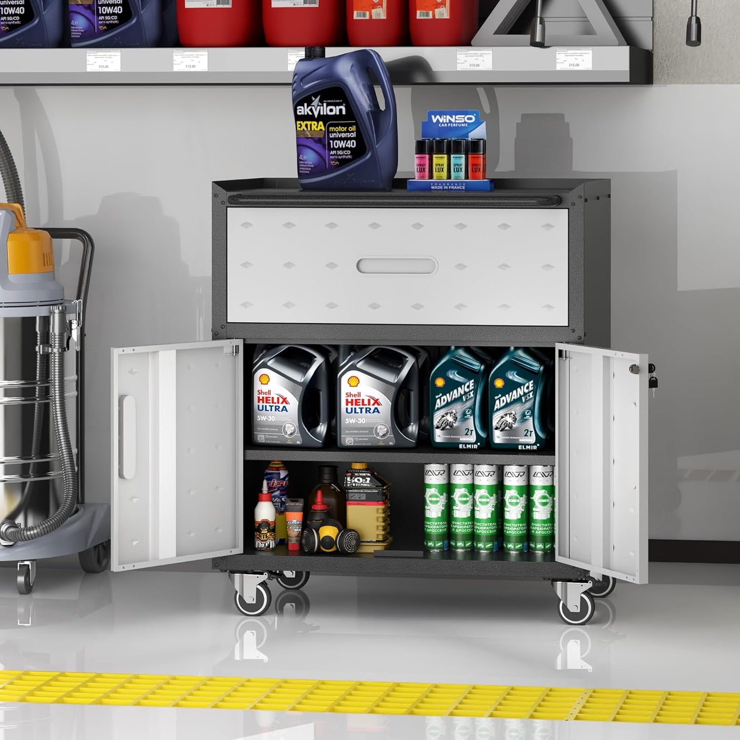 Metal Storage Cabinet with Wheels, Rolling Tool Cabinet with Adjustable Shelve, Locking Garage Storage Cabinet with 1 Drawer and 2 Doors for Tools, Assembly Required (Black/Grey)