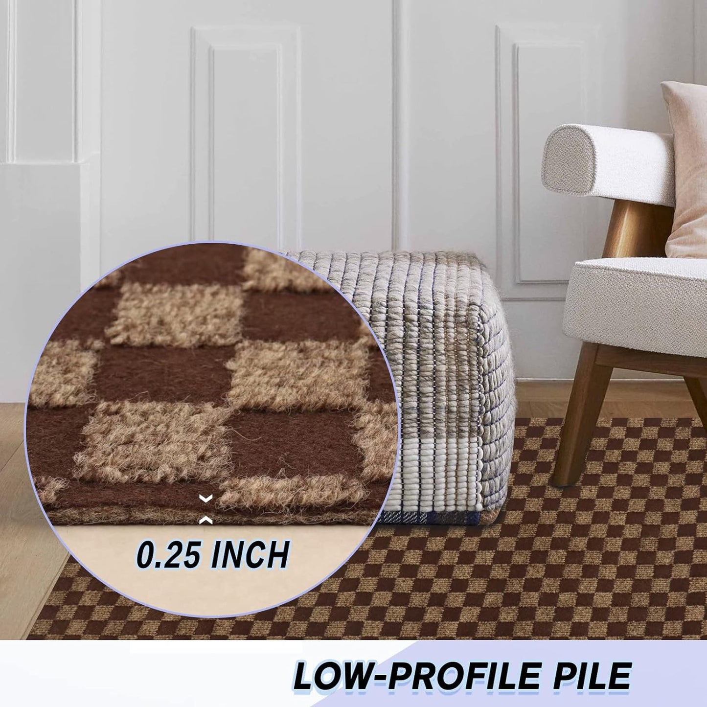 Custom Size Backed Non-Slip Area Rugs Runner, Easy Clean, Waterproof Runner Rugs for Hallway Entryway, Kitchen, Laundry, 2FT x 61FT, Brown Checkered
