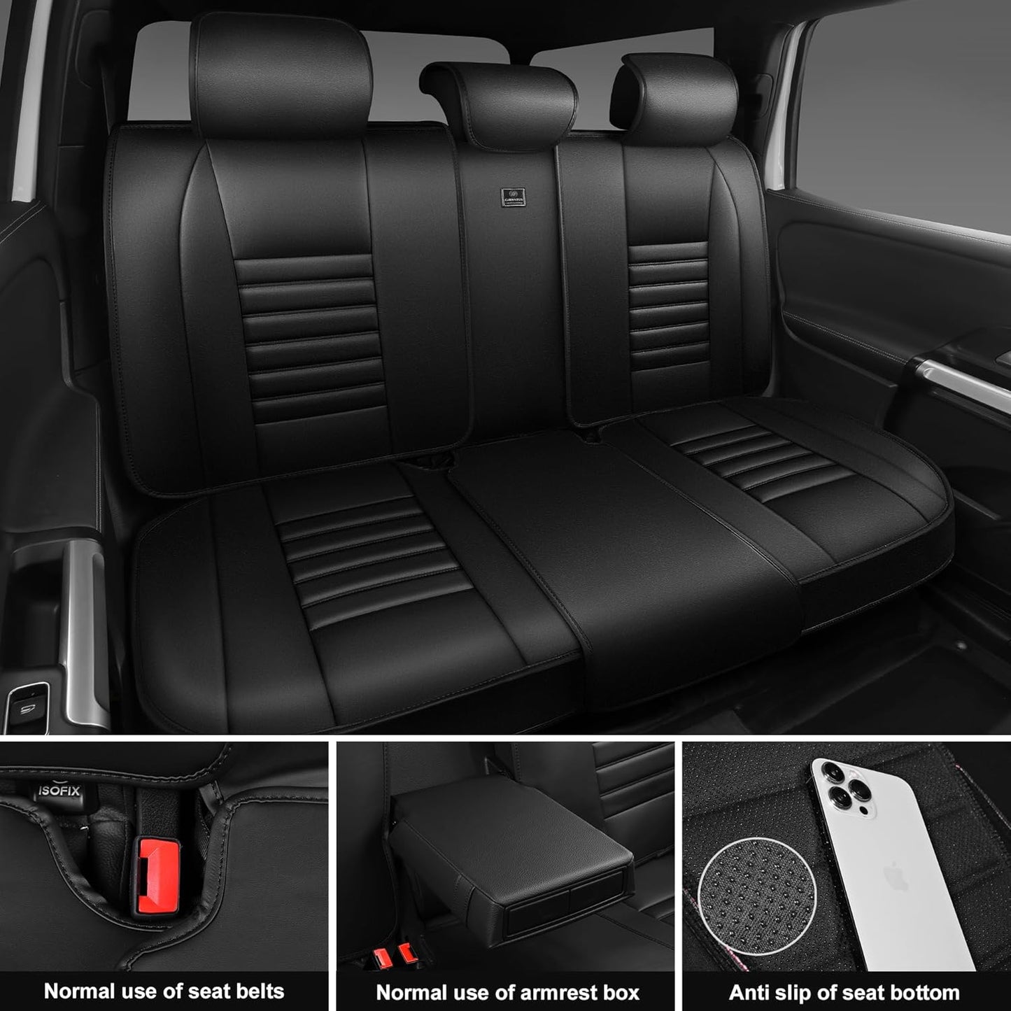 CAR PASS Nappa Leather Car Seat Covers Full Set, Luxury Seat Protector for Cars, Waterproof Anti-Slip Car Seat Cushion Armrest Compatible Airbag Universal for Sedan SUV Pick-up Truck Automotive, Black