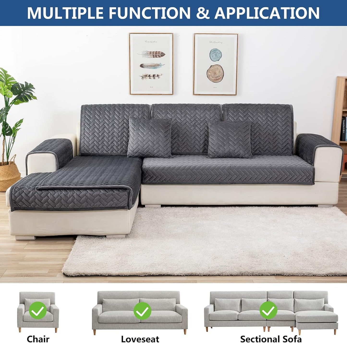 Eismodra Couch Cover,Sectional Couch Covers,Sofa Covers for 3 Cushion Couch,Anti-Slip Sofa Slipcovers for Dogs Cats Kids Loveseat Recliner L Shaped Armrest Backrest,Dark Gray 43''x70''(Only 1 Piece)