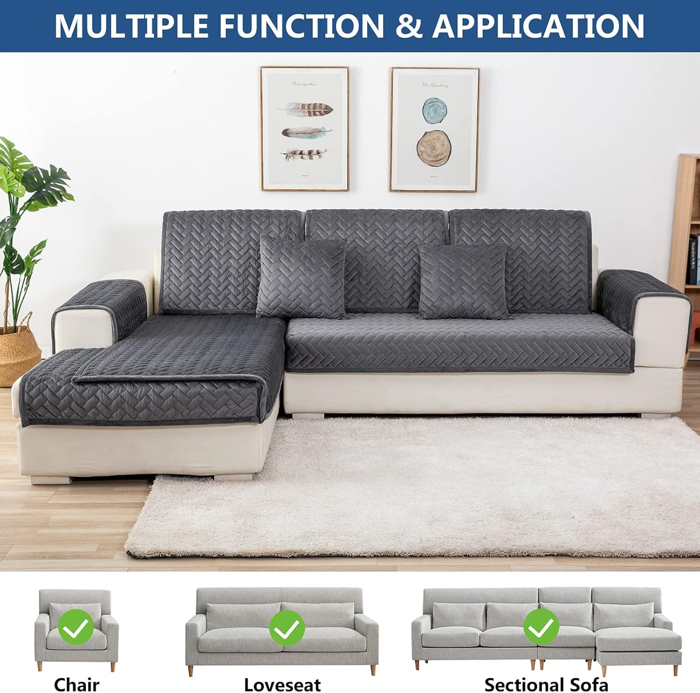 Eismodra Couch Cover,Sectional Couch Covers,Sofa Covers for 3 Cushion Couch,Anti-Slip Sofa Slipcovers for Dogs Cats Kids Loveseat Recliner L Shaped Armrest Backrest,Dark Gray 43''x94''(Only 1 Piece)