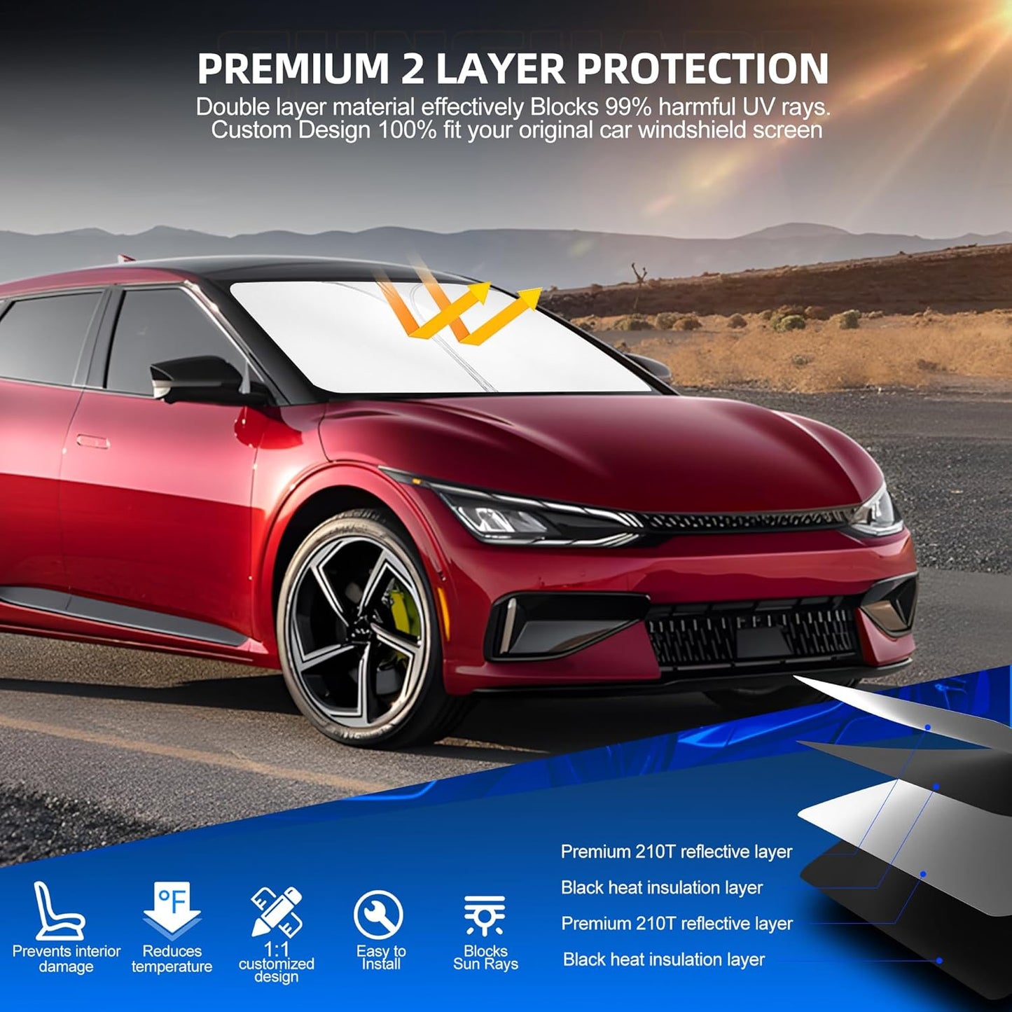 Windshield Sun Shade for Kia EV6 2022-2025 2026 Foldable Sunshade Custom Fit Front Window Car Interior Accessories Protector Blocks UV Rays