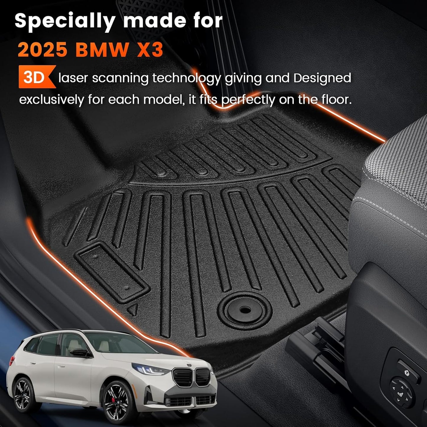 KMF Custom Fit Floor Mats for BMW X3 2025 M50/30 xDrive Accessories,All Weather TPE Waterproof Car Floor Liners - Front & Rear 2 Row, Anti-Slip Deep Grooves Car Mats Full Set
