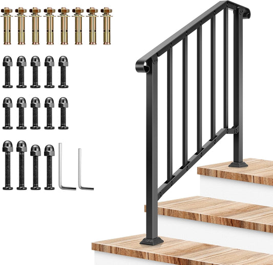 VIVOSUN Outdoor Handrail, 3 Step Stair Handrail, 40" x 36" Fits 1 to 3 Steps, Wrought Mattle Iron Stair Railing with Curved End and Balusters for Concrete Step, Porch Steps, One-Step Assembly, Black