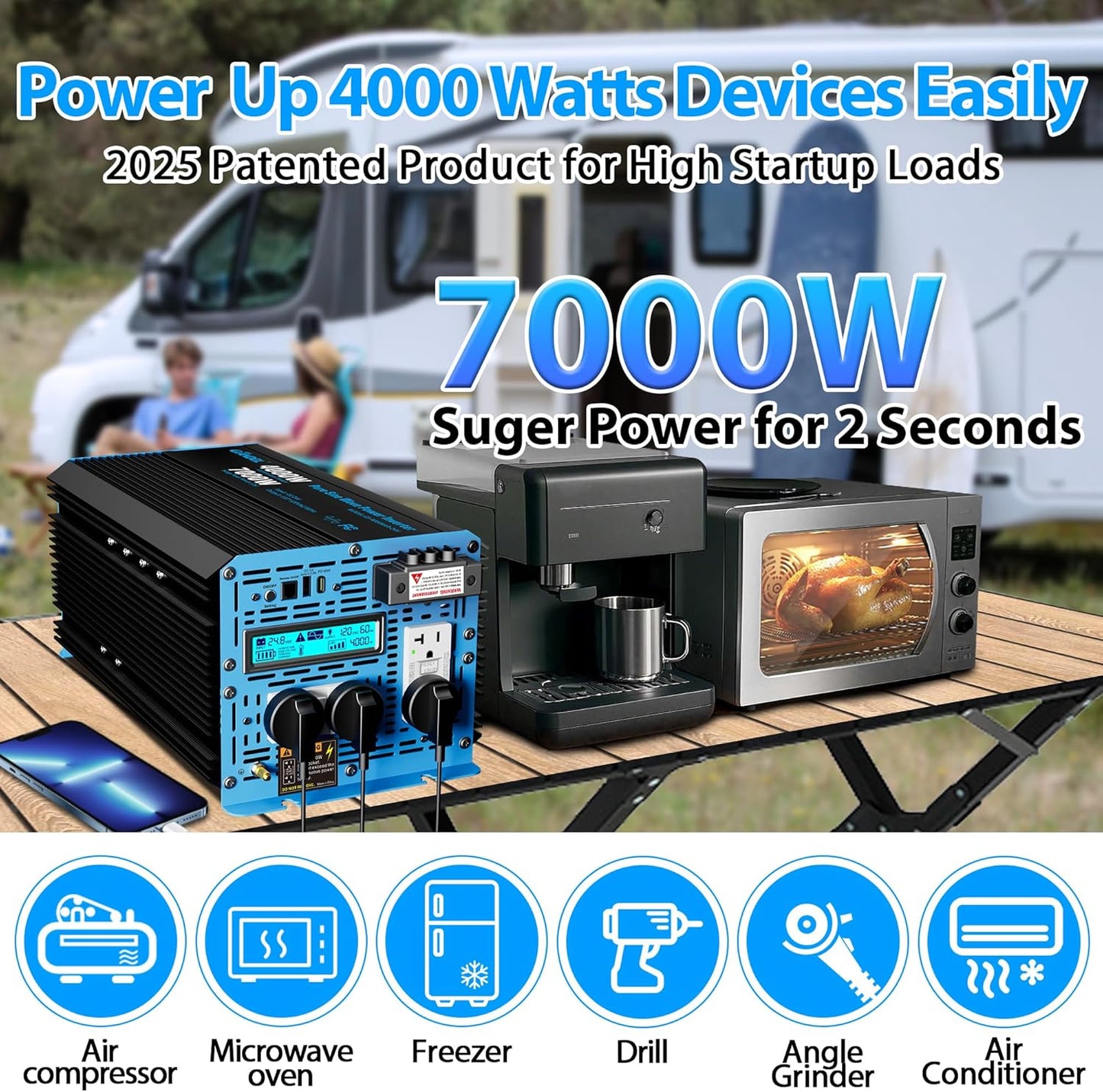 GIANDEL 4000 Watt 24 V Pure Sine Wave Power Inverter 7000Watt Surge,UL458 Listed GFCI Outlets,Inverter 24V DC to 120V AC,FCC Approved,Remote with Battery Level for RVs Campers Off Grid Solar Setup