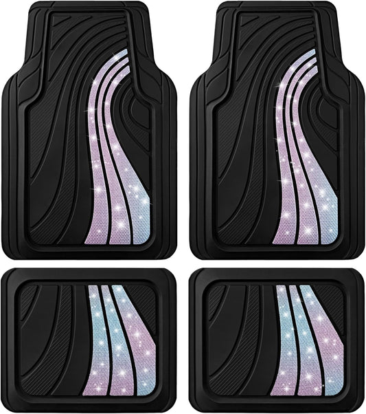 Road Comforts Car Floor Mats Full Set – Front & Rear Car Floor Mats with Aluminum Design, Anti-Slip Backing, All-Weather Protection, Trim-to-Fit Car Mats for Most Sedans, SUVs & Vans - Glitter