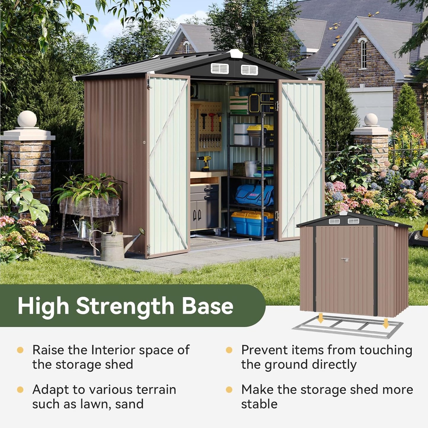 Aoxun 6x3.9 FT Shed with Base Metal Outdoor Storage Shed Garden Shed with Lockable Doors Tool Shed Bike Shed for Backyard, Patio, Poolside (Brown)