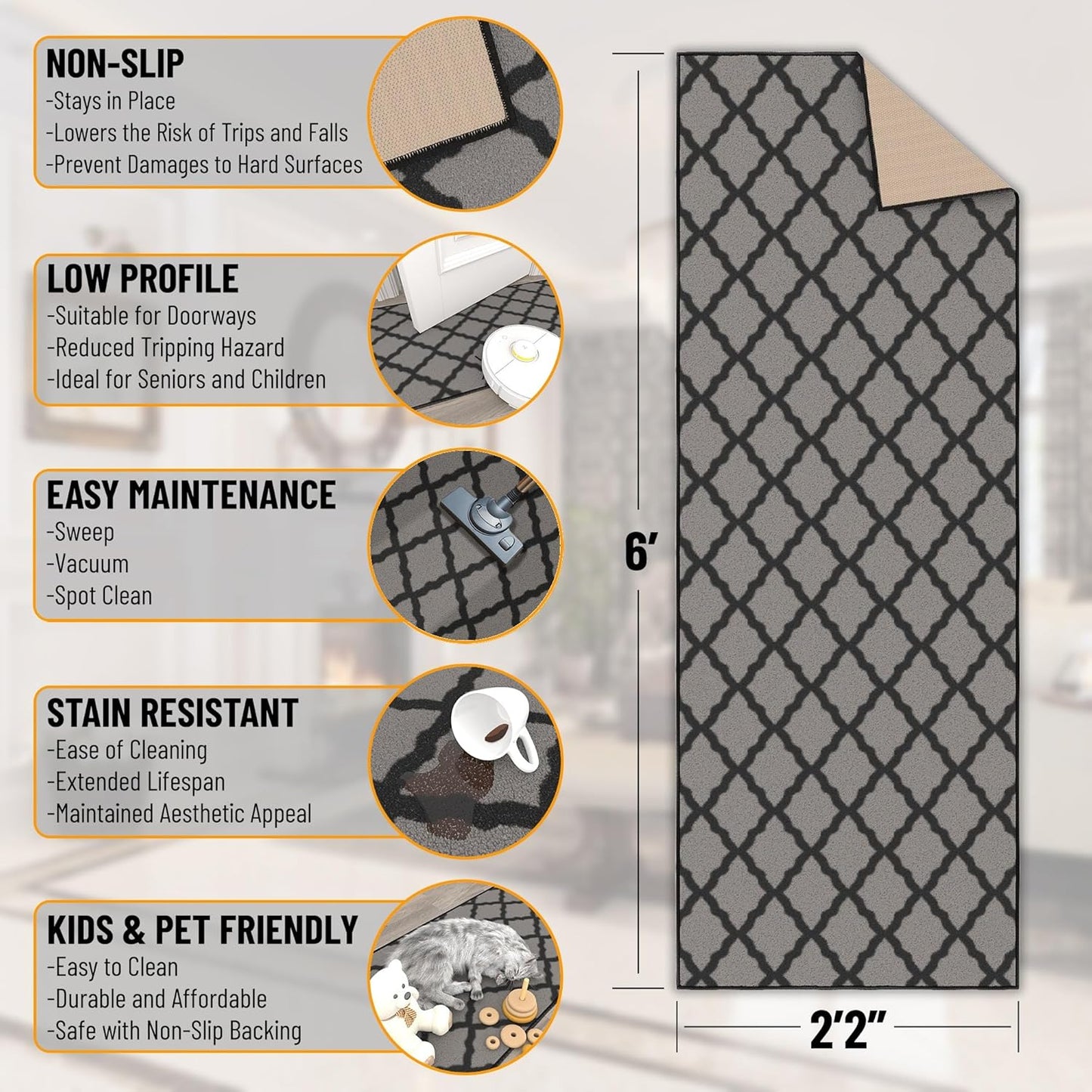 Ottomanson Hallway Runner Rug 2'2" x 6' Non Slip Trellis Area Rugs Easy to Clean Laundry Rug Runner Durable & Pet Friendly Floor Carpet Runners for Hallways Entryway Living Room Kitchen, Dark Gray