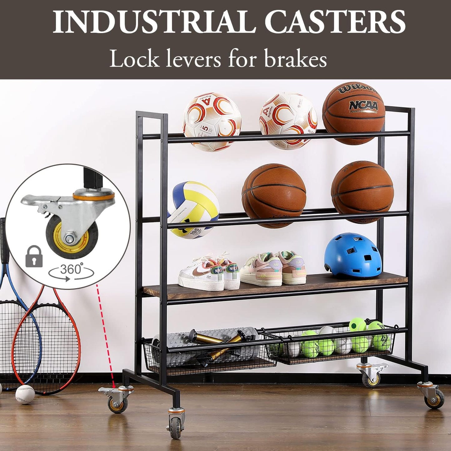 MyGift Sports Ball Organizer for Garage with Wheels, 4 Tier Large Heavy Duty Basketball Holder Stand, Black Metal Sports Equipment Storage Rack with Burnt Solid Wood Shelf, and 2 Basket Training Equip