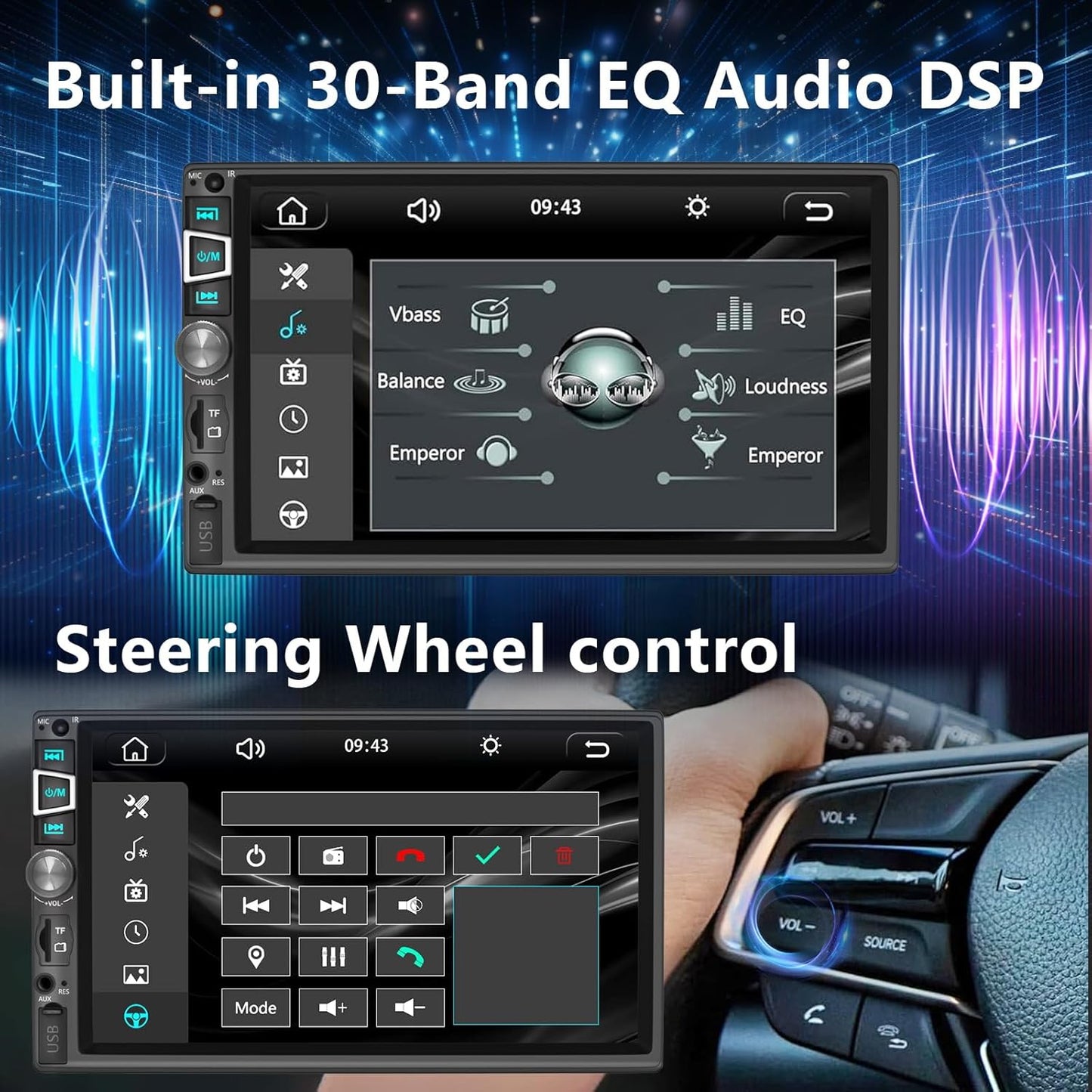 Double Din Car Stereo Compatible with Wireless Carplay&Android Auto&Mirror Link,7 Inch HD 1024 * 600 Touchscreen with Bluetooth 5.2,Backup Camera Input,Voice Control,USB/AUX/TF/SWC/MIC,AM/FM Radio