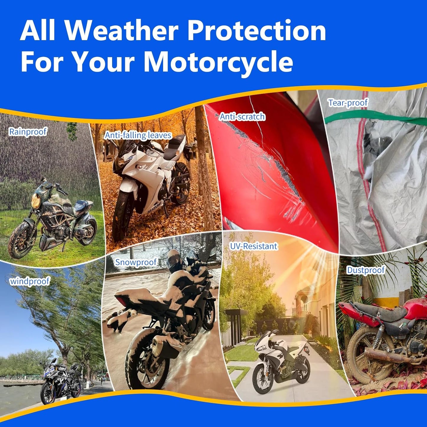 Motorcycle Cover, 600D Heavy Duty Waterproof Motorbike Cover, Dustproof Motorcycles Vehicle Cover Scooter Shelter Protection with Reflective Strips & Storage Bag 97.5" x 41" x 50"