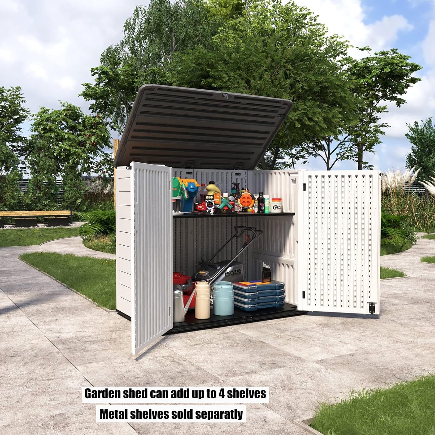 Large Horizontal Storage Sheds,38 cu.ft. Outdoor Storage Box for Garden,Patio and Backyard,Customized Shelves &Lockable(Off White)