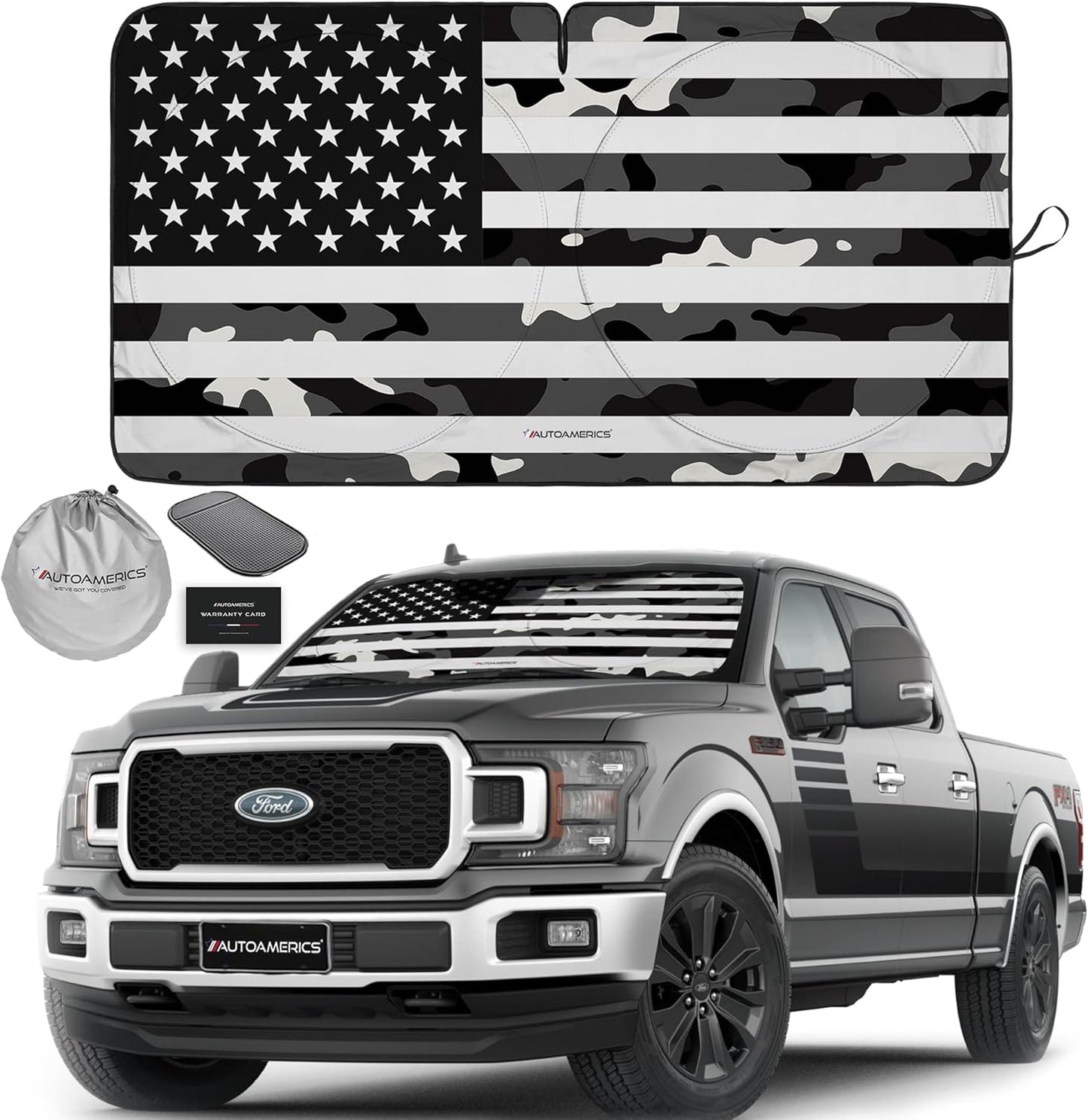 Autoamerics Truck Windshield Sun Shade with Storage Pouch & Anti-Slip Dash Pad - Foldable B&W Camo USA Flag Design - Fits Most SUVs & Trucks - Blocks UV Rays and Keeps Car Cool | XL (66 x 36 inches)