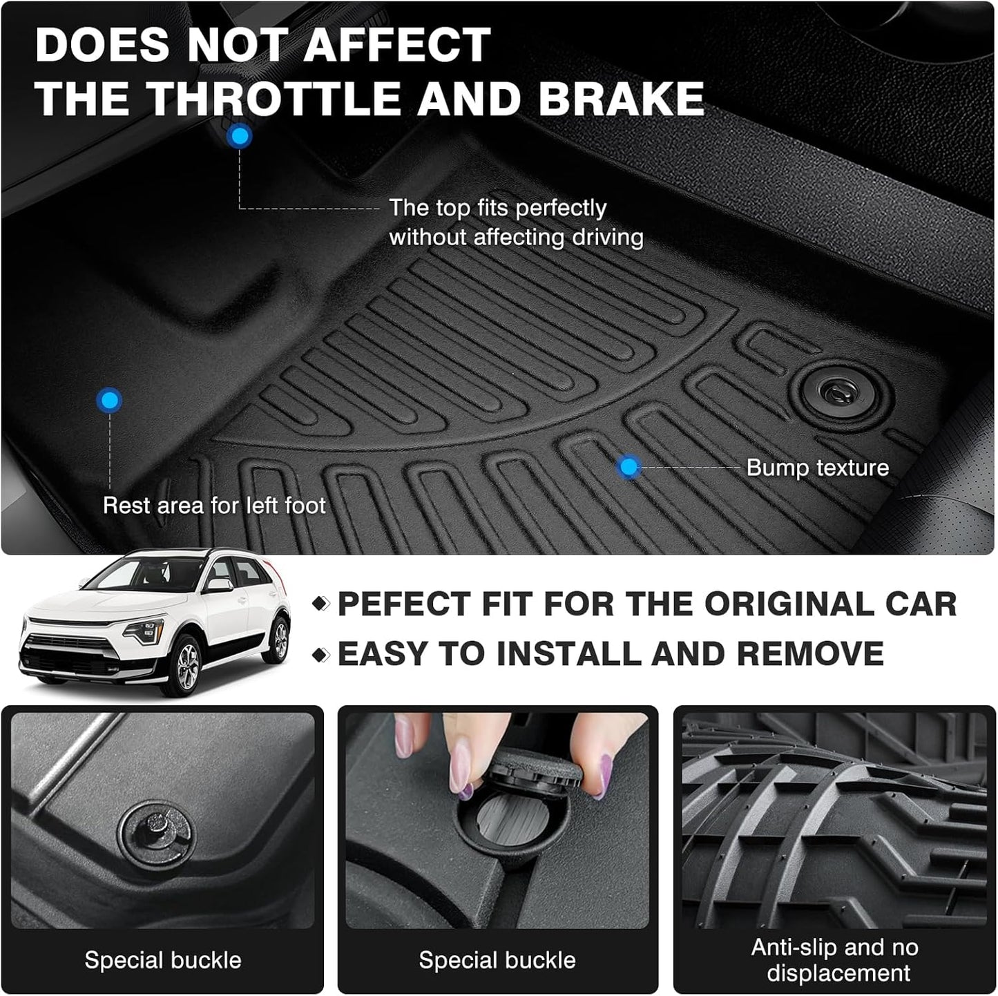 Powerty Floor Mats for 2023-2025 Kia NIRO & Hybrid & HEV - All Weather Floor Liners, 3D TPE, Heavy-Duty (1st & 2nd Row, NOT for EV & PHEV)