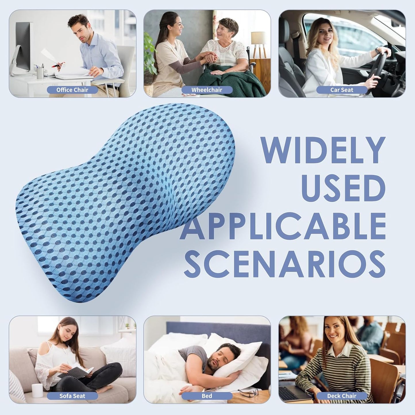 Lumbar Support Pillow Ergonomic Memory Foam, Relieve Back Pain, CMFY Breathable & Detachable & Washable, Perfect for Office Chairs, Car Seats, Beds (Blue)