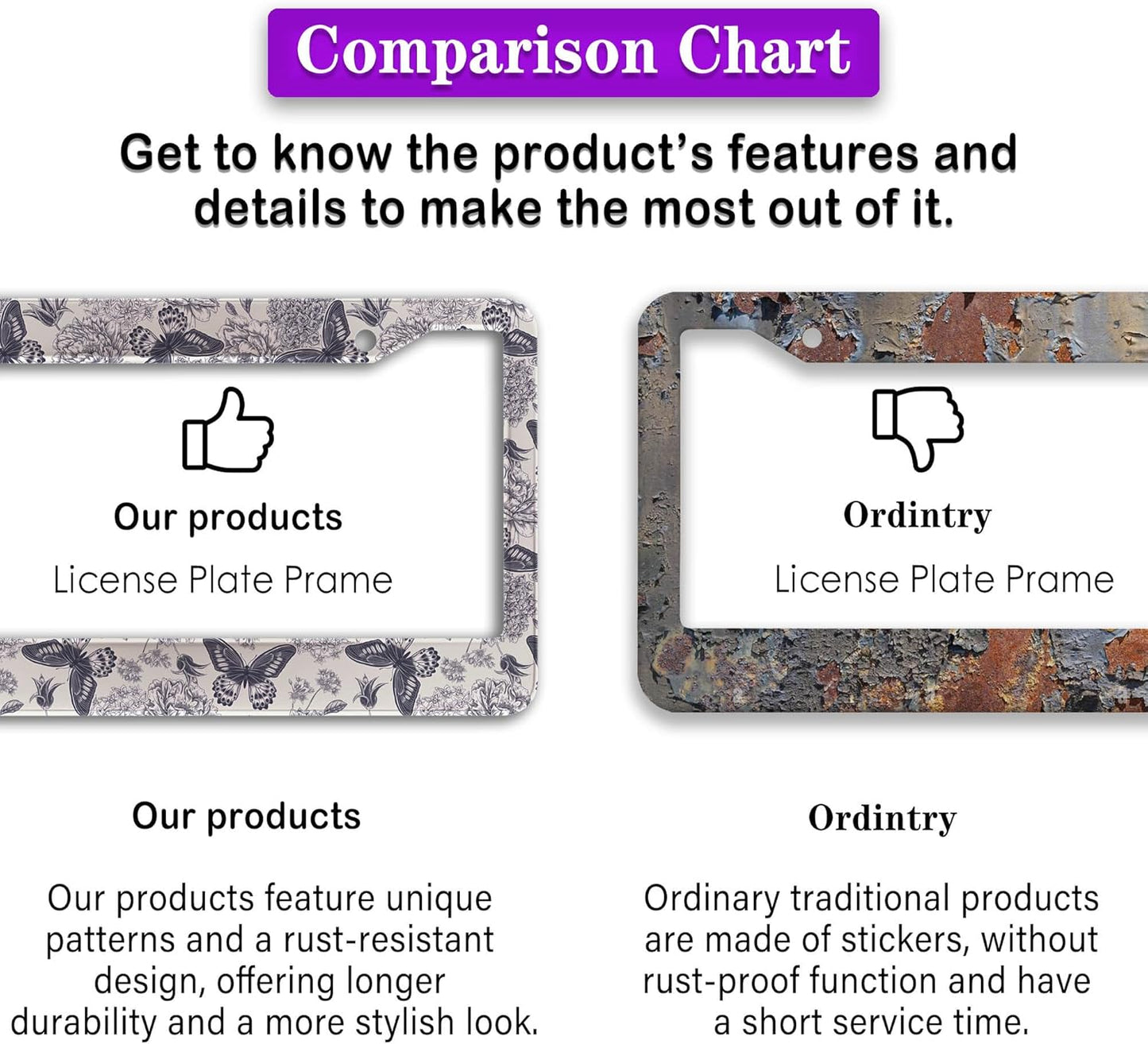 Automotive Exterior Accessories Black and White License Plate Frames Butterfly Flowers Universal Aluminum Car Accessory 2 Pack with Screw Covers Set