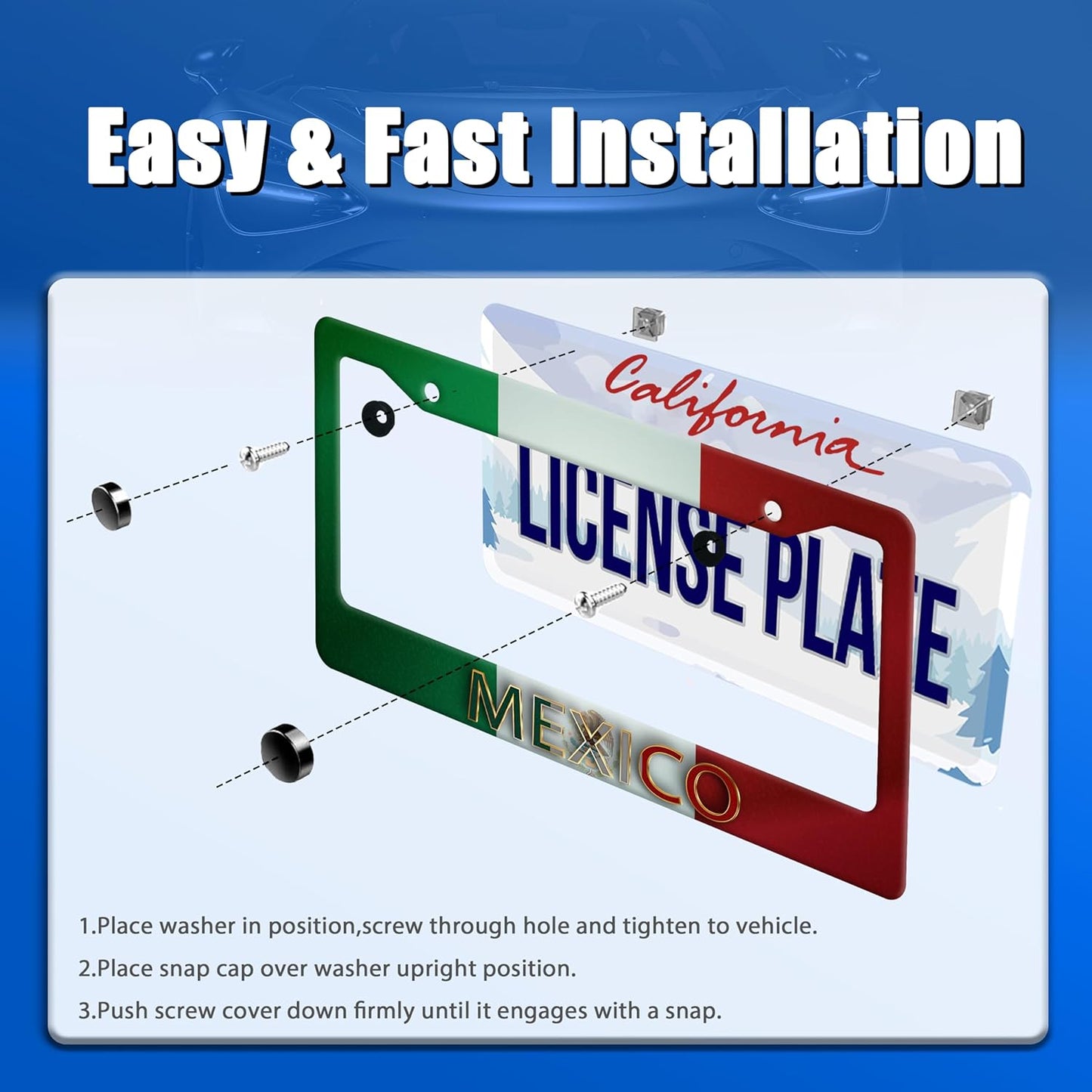 Mexico Flag License Plate Frame Personalise Mexican Funny License Plate Stainless Steel Flag License Plate Holder Car Accessory with Screws Car Decoration 12.3" x 6.3" for Men Women