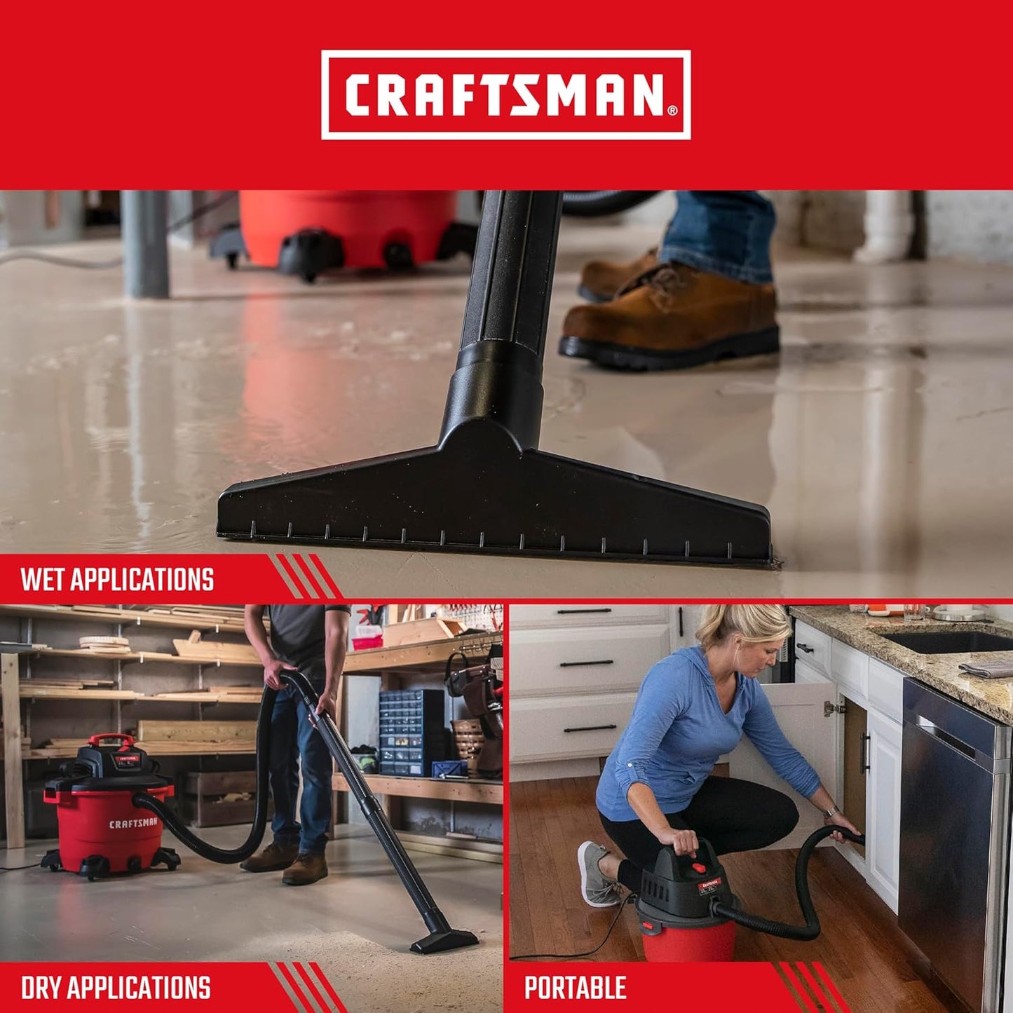 CRAFTSMAN CMXEVBE17595 16 Gal. 6.5 Peak HP Wet/Dry Shop Vacuum with Filter, Dust Bag, Hose, Attachments and CMXEVBE17250 2.5 Gal. 2.5 Peak HP Portable Vac with Filter Bag, Hose and Attachments