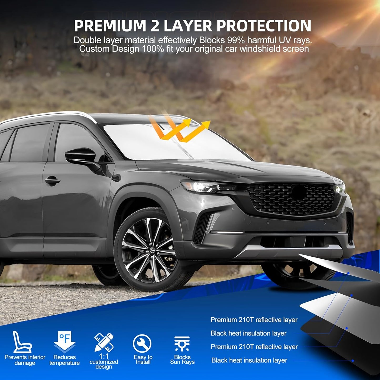 Windshield Sun Shade for Mazda CX-50 2023-2025 2026 Foldable CX50 Sunshade Custom Fit Front Window Car Interior Accessories Protector Blocks UV Rays