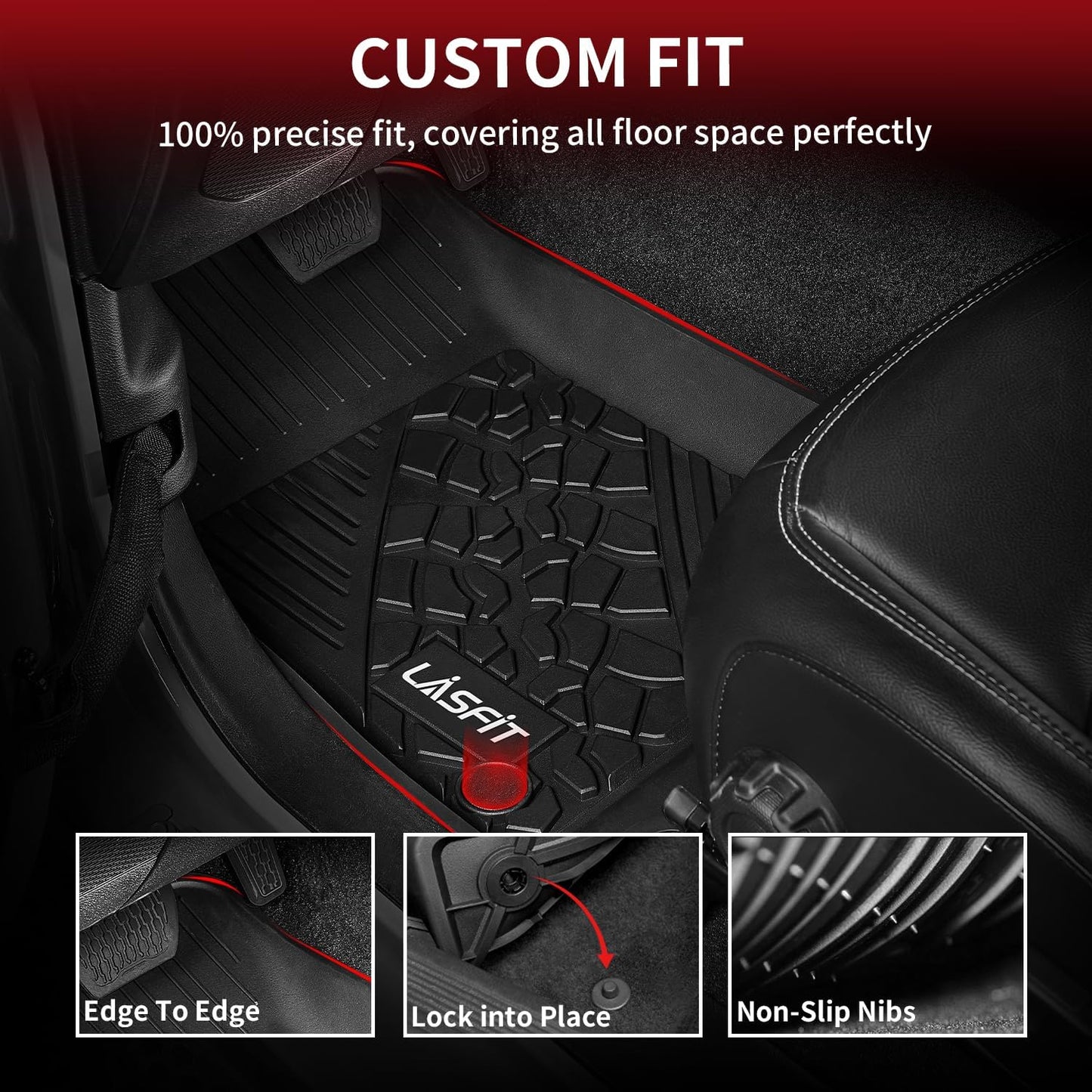 LASFIT Floor Mats for Jeep Wrangler JL 2018-2025 Unlimited 4 Door Gas/MHEV Type (Not Fit for JK or PHEV) All Weather TPE Custom Fit Car Mats Floor Liners 1st & 2nd Row, Black