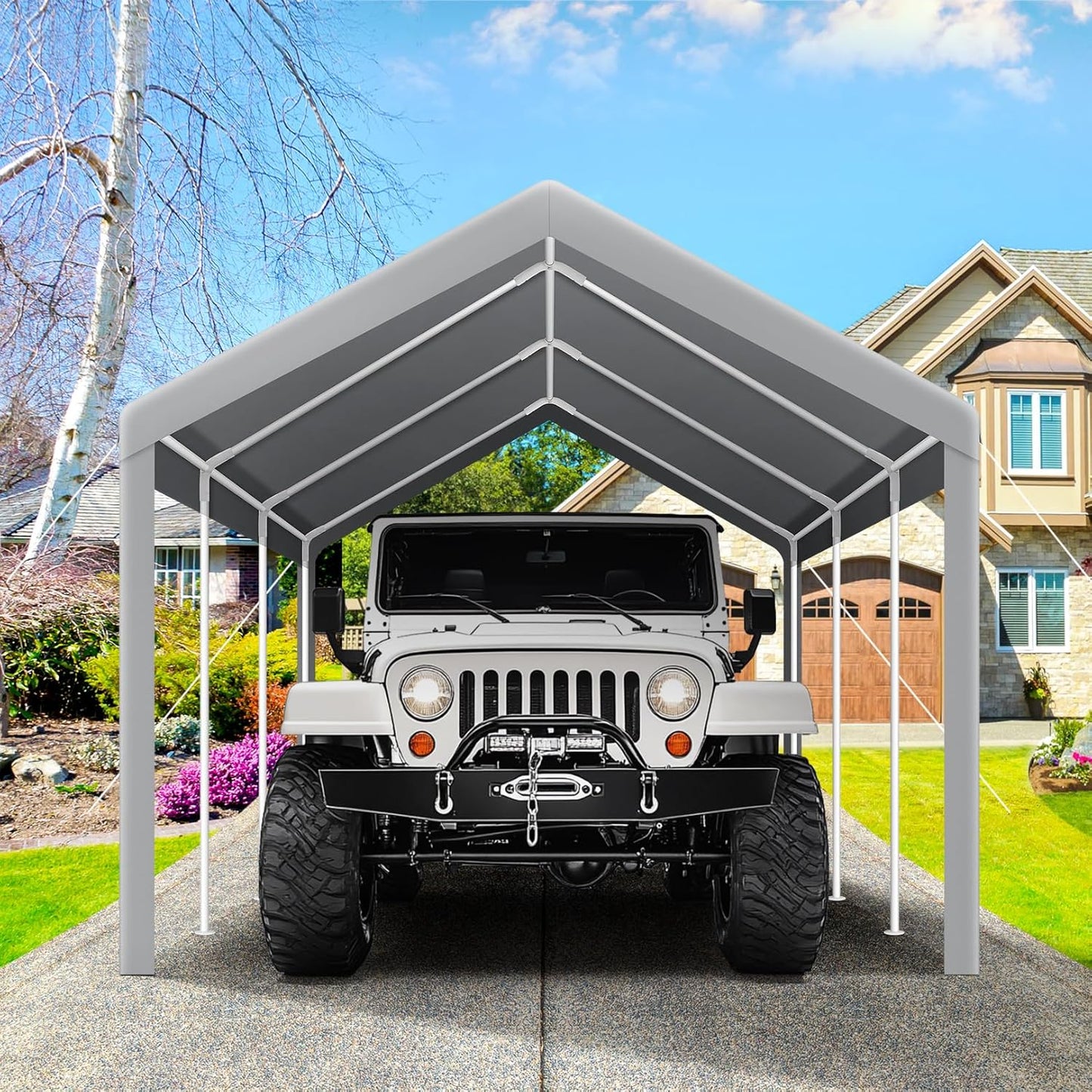 COBIZI Carports 10x20 Heavy Duty Car Tent Garage, Galvanized Frame Car Canopy Outdoor Shelter Waterproof & UV Protected with Windproof Ropes & Built-in Sandbags for Car Truck Boat, Gray