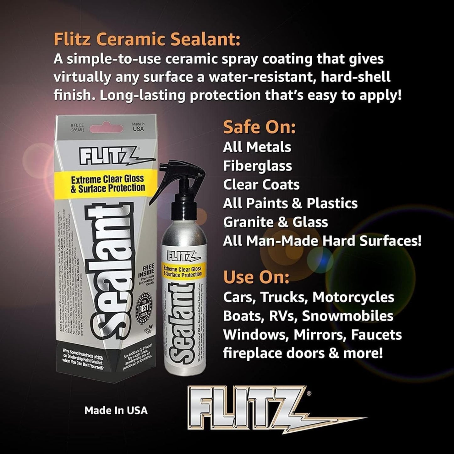 Flitz Ceramic Sealant - 16oz Bottle of USA-Made Ceramic Coating for Cars, Boats, Glass - Repels Water, Polishes, and Protects for 1 Year - Ceramic Car Spray Made for All Metals, Fiberglass