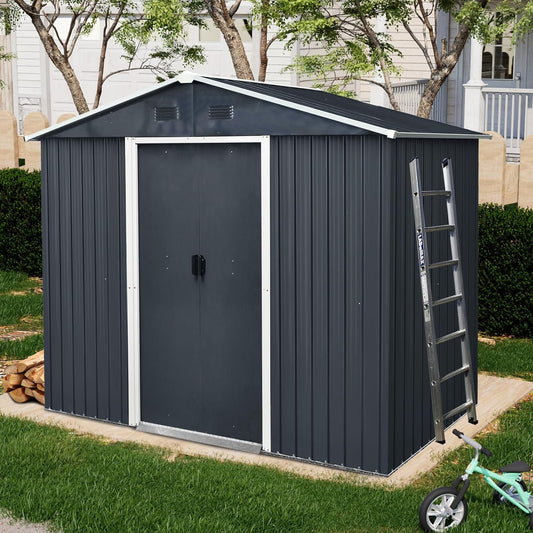 4x8 FT Outdoor Storage Shed, Metal Garden Shed with Frame Floor, Outside Tool Shed with Lockable Sliding Doors, Waterproof Storage Building with Sloped Roof for Backyard, Patio, Lawn, Black