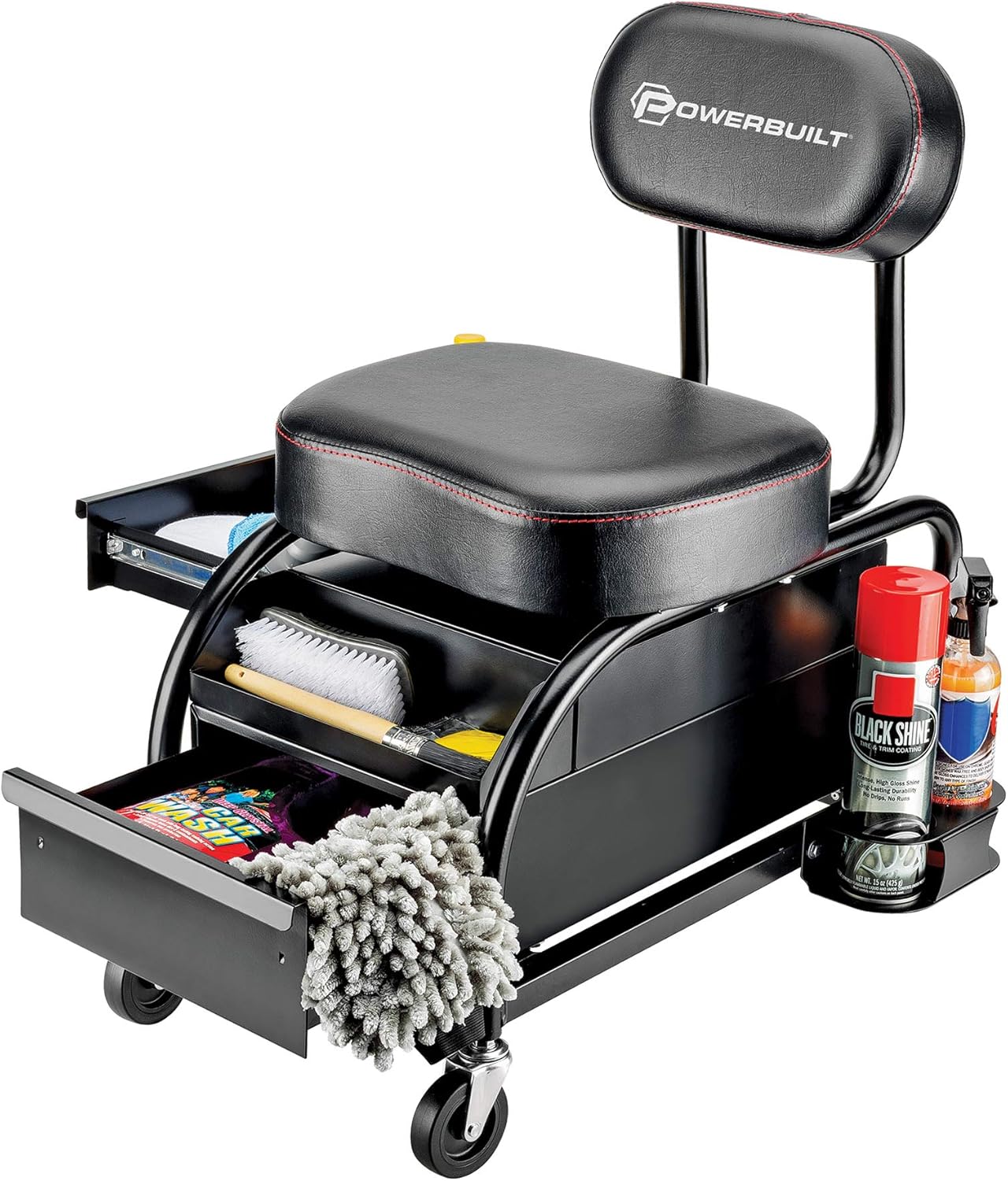 Powerbuilt Professional Car Detailers Mechanics Roller Seat, Heavy Duty Garage Stool with Thick Padded Seat and Backrest, 2 Sliding Storage Drawers, Tool Tray, Can Holders, 3in. Swivel Casters–240299