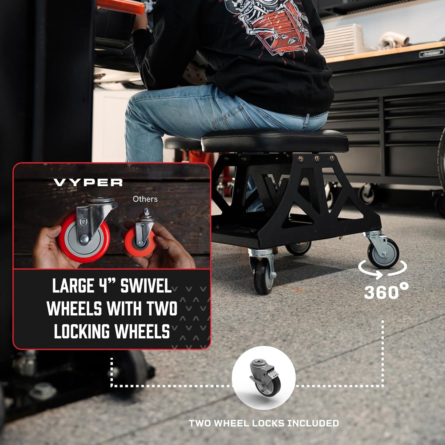 Vyper Low Pro Garage Stool with Removable Seat for Mechanics, Automotive, DIY - 400 lb Capacity Rolling Shop Chair (Black Seat, Black Frame)