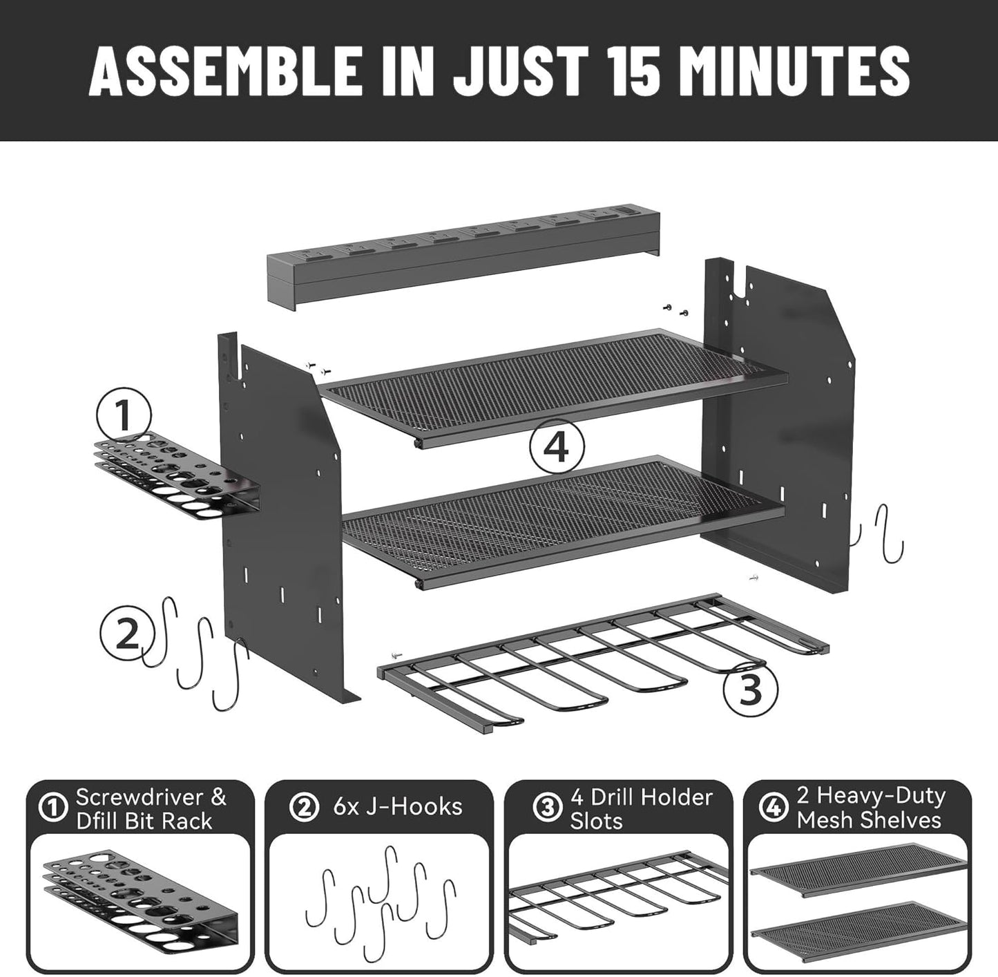 3-Tier Modular Drill Holder & Power Tool Organizer Wall Mount with Charging Station, Tool Storage Rack with Hooks, 8-Outlet Power Strip, Bit Rack & Cordless Garage Tool Organization (Black)