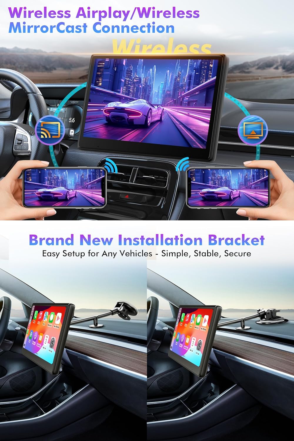 10" Touch Screen for Car, Used for Wireless Apple Carplay Android Auto MirrorLink, Portable Car Stereo with Bluetooth 2K Front Dashcam, 1080P Rear Dashcam Backup Camera