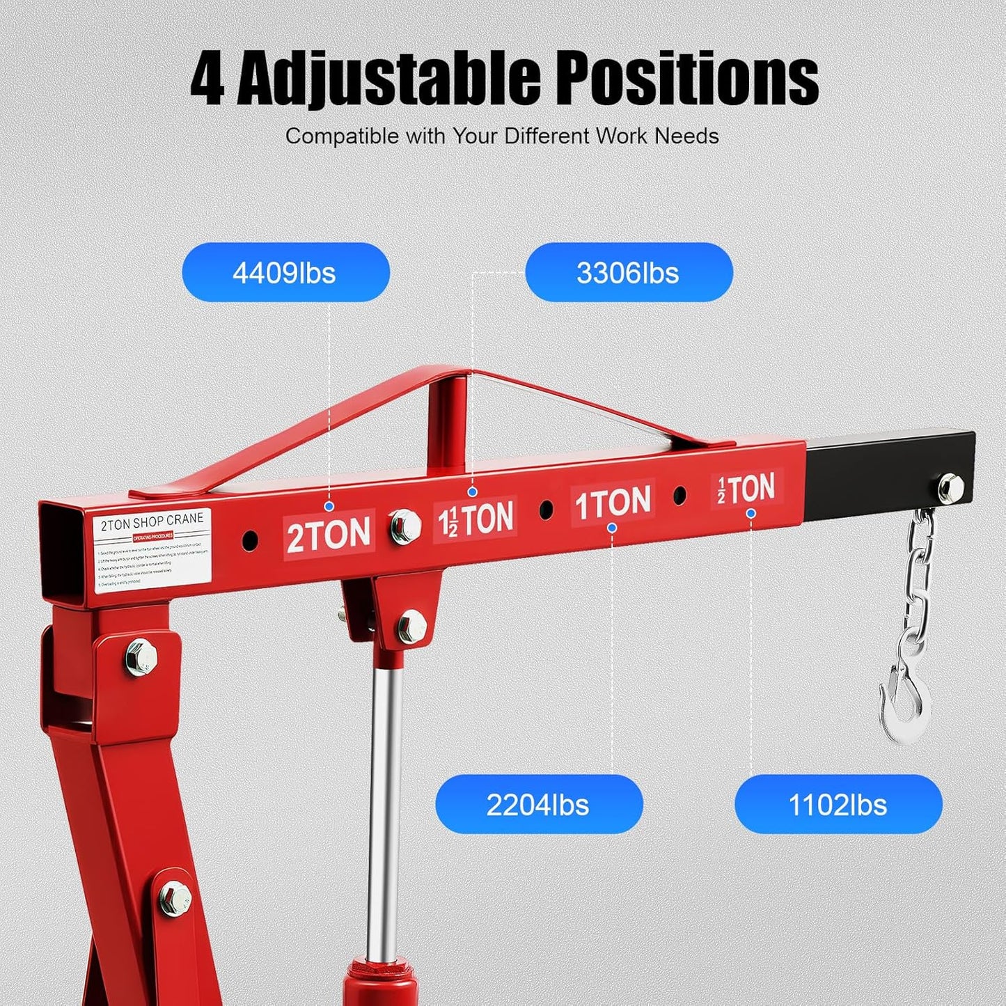 2 Ton Engine Hoist, Folding Hydraulic Engine Crane Red, Heavy Duty Cherry Picker Engine Crane, Four Adjustable Positions, Adjustable Load Arm & 6 Iron Caster Wheels for Garage, Workshop