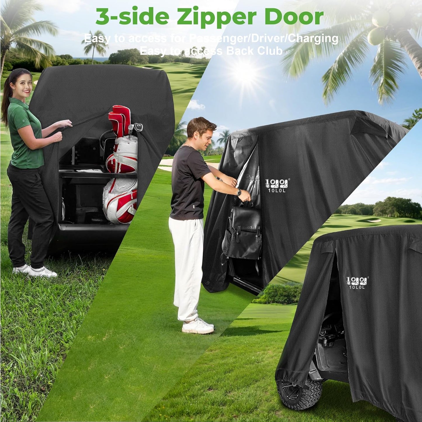 10L0L 4 Passenger Golf Cart Cover for Yamaha EZGO Club Car, 400D Polyester All-Weather Waterproof Golf Cart Storage Cover with Three Zipper Doors-Black