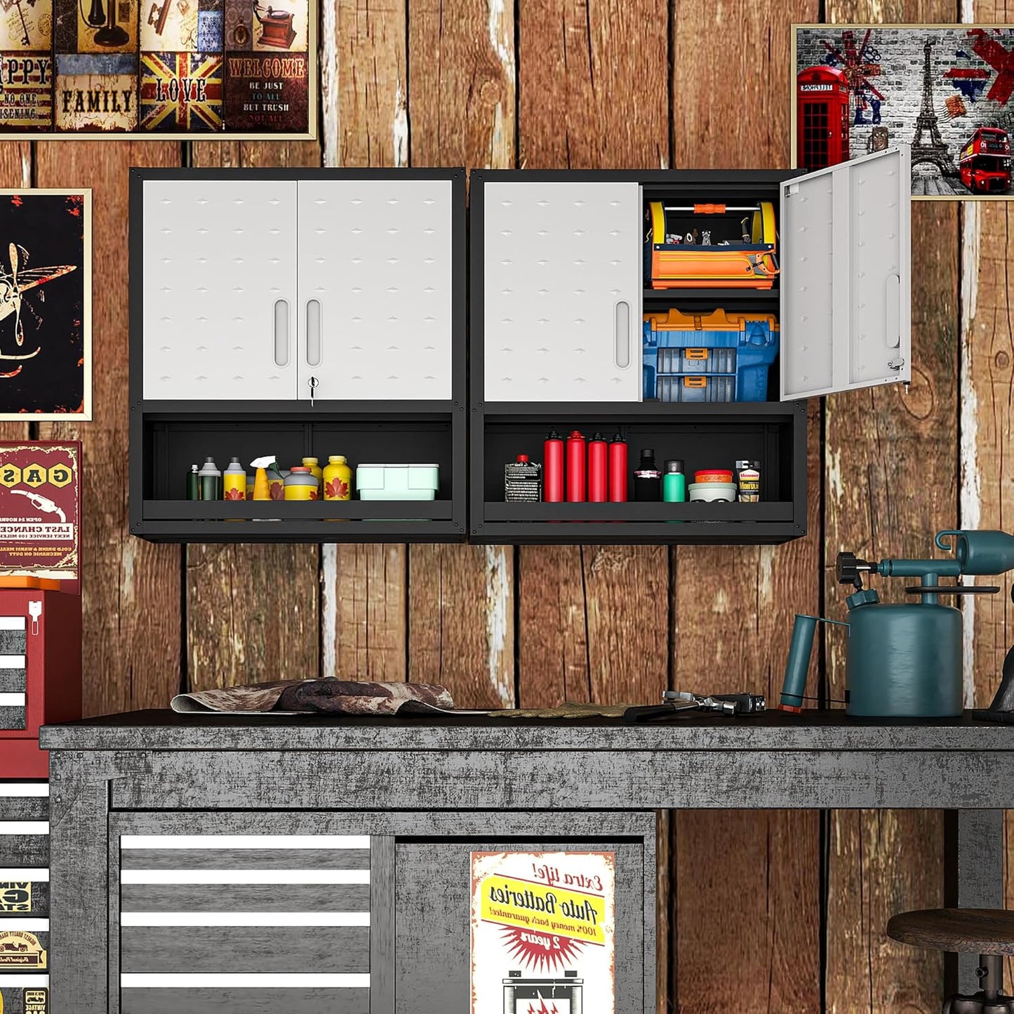 Metal Wall Cabinets with Doors and Shelves Black and Gray Garage Cabinets Wall Mounted Adjustable Storage Shelving Floating Garage Tool Cabinet,Wall Cabinet for Warehouse/Basement/Kitchen