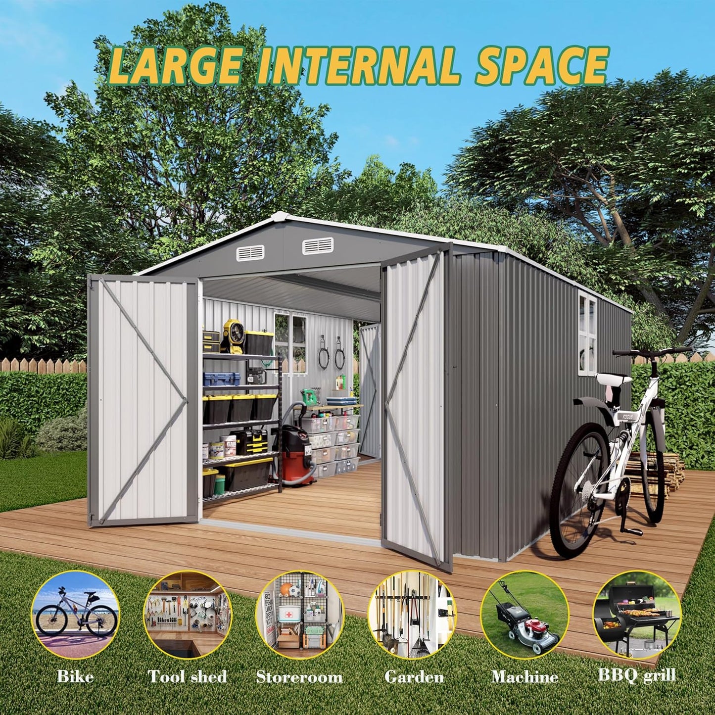 10x14x6.7FT Outdoor Storage Shed, Galvanized Steel Garden Shed with Lockable Door & Window, Waterproof Metal Tool Storage for Garden, Backyard, Patio, Lawn(Grey)