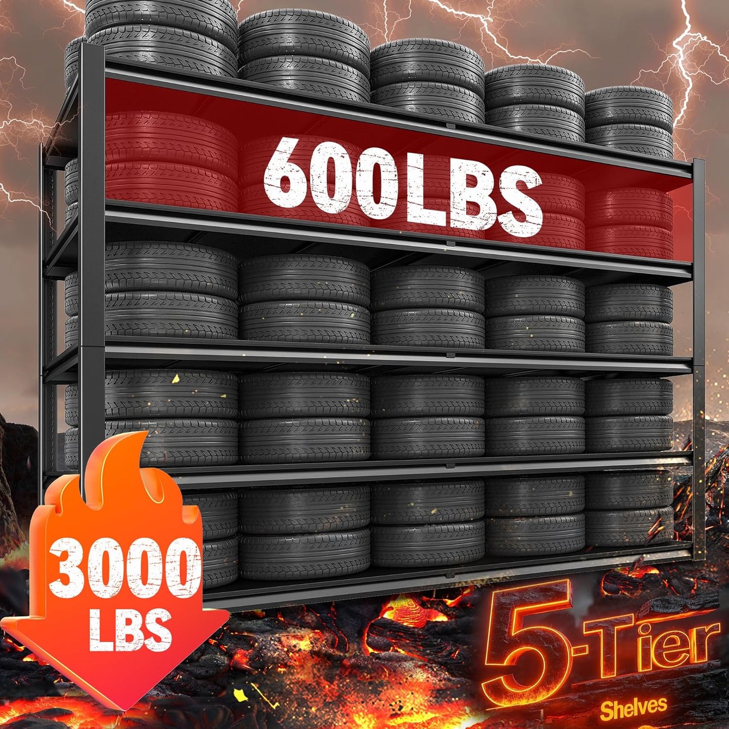 REIBII 78" H Storage Shelves, Garage Shelving Heavy Duty Load 3000LBS, Adjustable Garage Shelving, 5 Tier Metal Shelves Unit for Storage Rack, Basement, 55" W x 26" D x 78" H, Black, 3 Pack