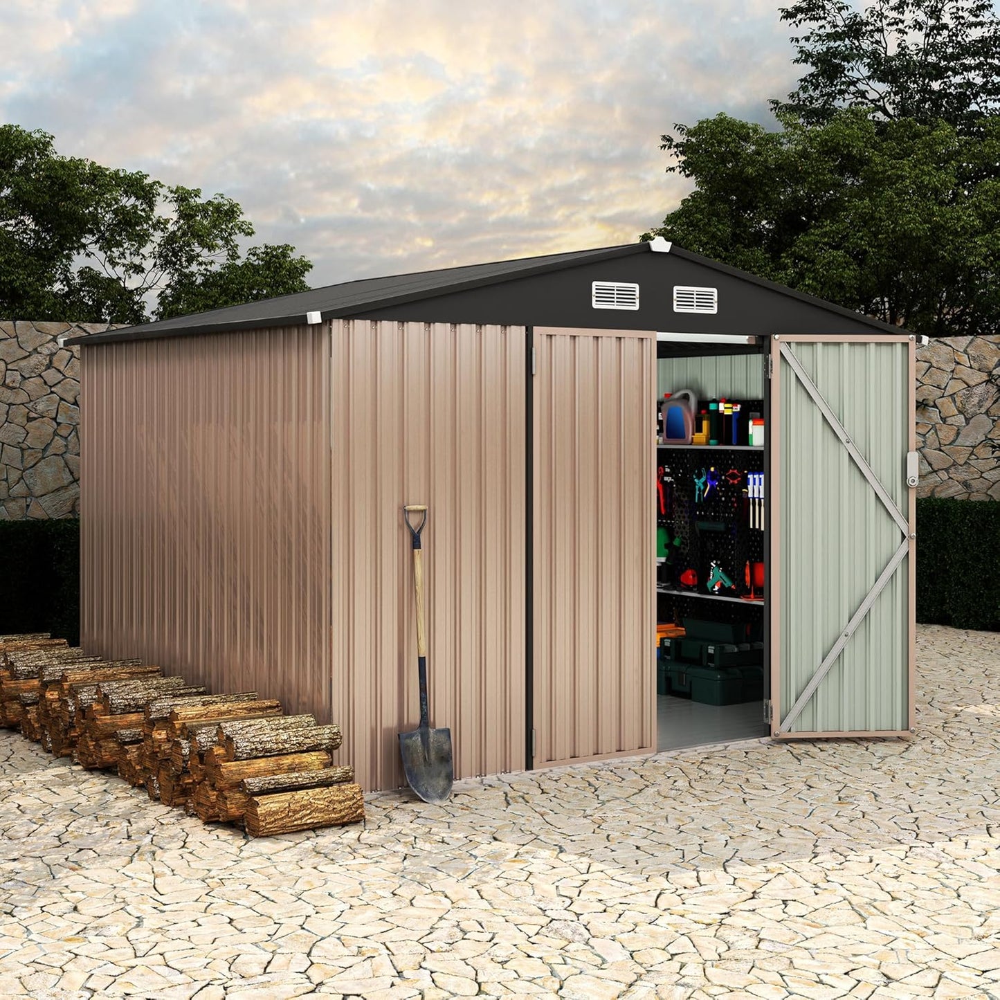 8x10 FT Metal Storage Sheds Outdoor with Floor, Metal Yard Sheds Garden Shed Kit, MetalTool Shed with Lockable Door, Metals UtilitySheds Buildings with Air Vent for Backyard Garden Patio Lawn