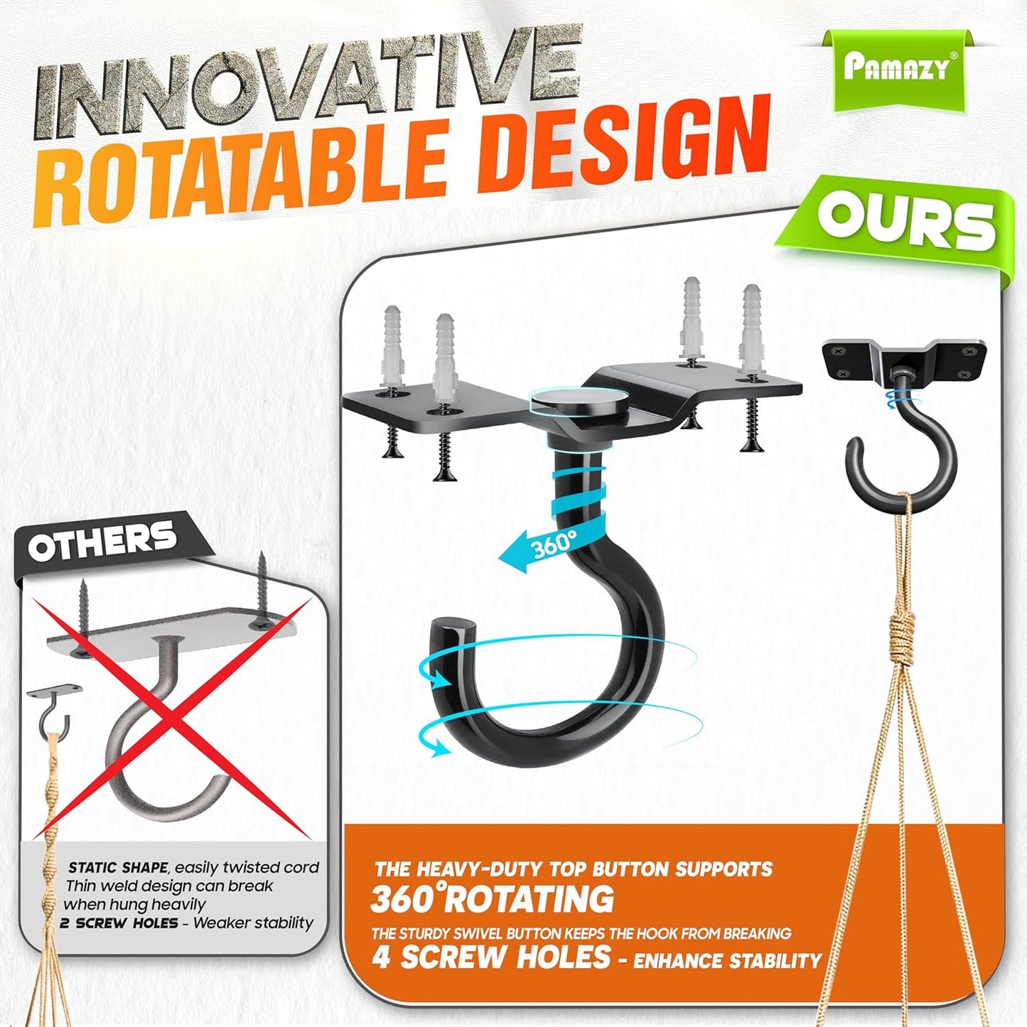 [UPGRADED] 2Pcs 200LBS Rotatable Ceiling Hooks with 4 Screw Points Base, Wall Mount Metal Hanger Black Ceiling Hook for Hanging Plant, Bird Feeder, Lights, Bed Canopy, Wind Chime, Indoor Outdoor Decor