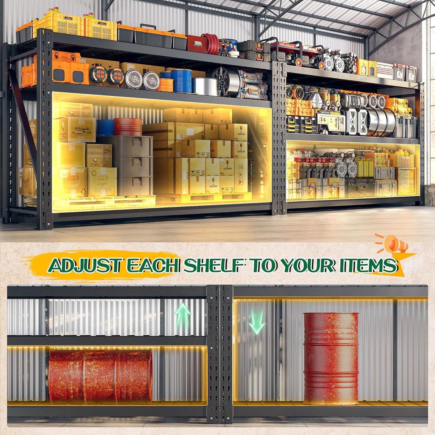 Bepatio 77" W Garage Shelving Storage Shelves, 3 Tier Metal Shelving Unit Heavy Duty for Storage, Adjustable Black Shelves for Commercial, Industrials, Garage, Basement, 77.2" W*23.7" D*66.2”H