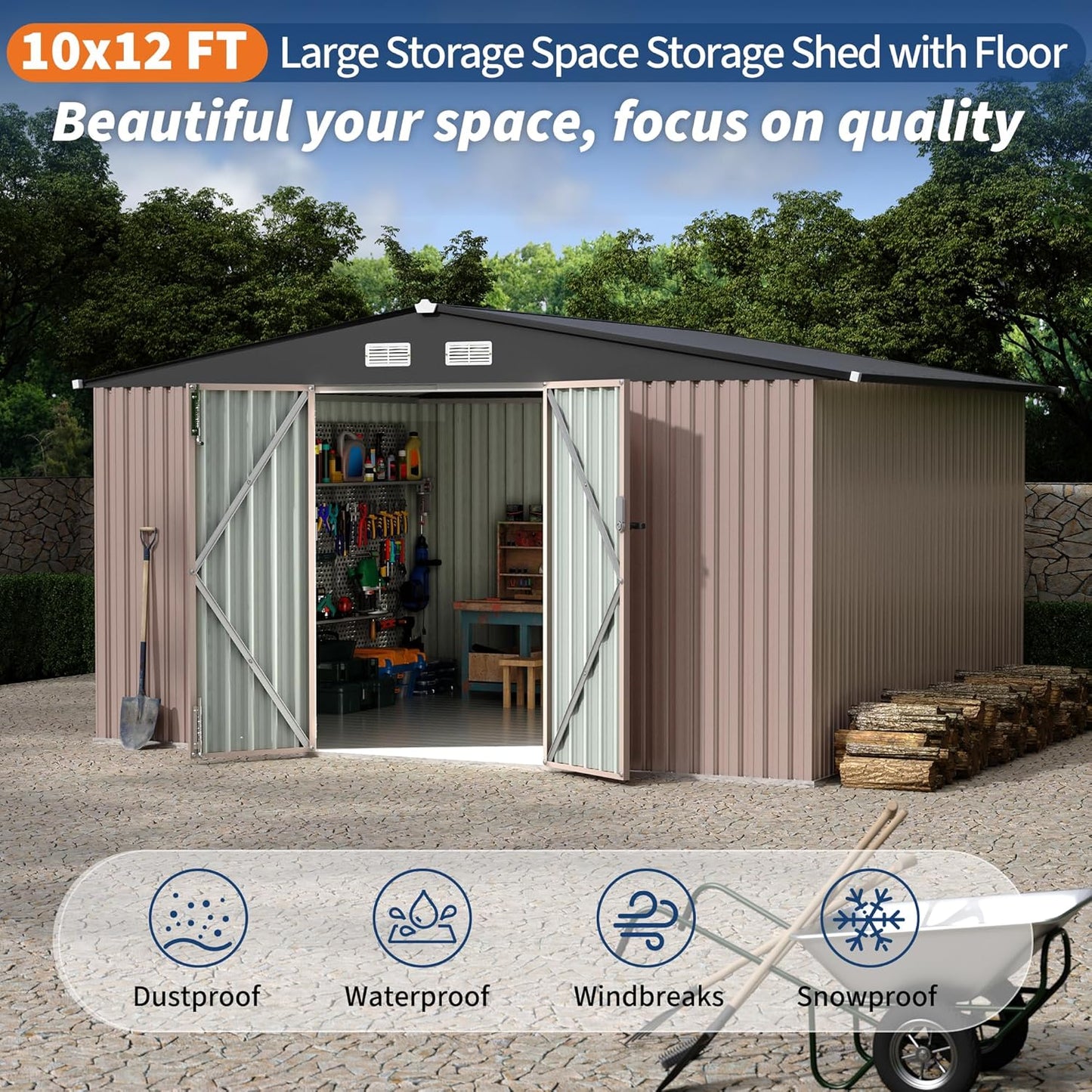 10x12 FT Metal Storage Sheds Outdoor, Metal ToolShed with Lockable Door, Metals Yard Sheds Metals Garden Shed Kit, MetalUtility Sheds Buildings with Air Vent for Backyard Garden Patio Lawn