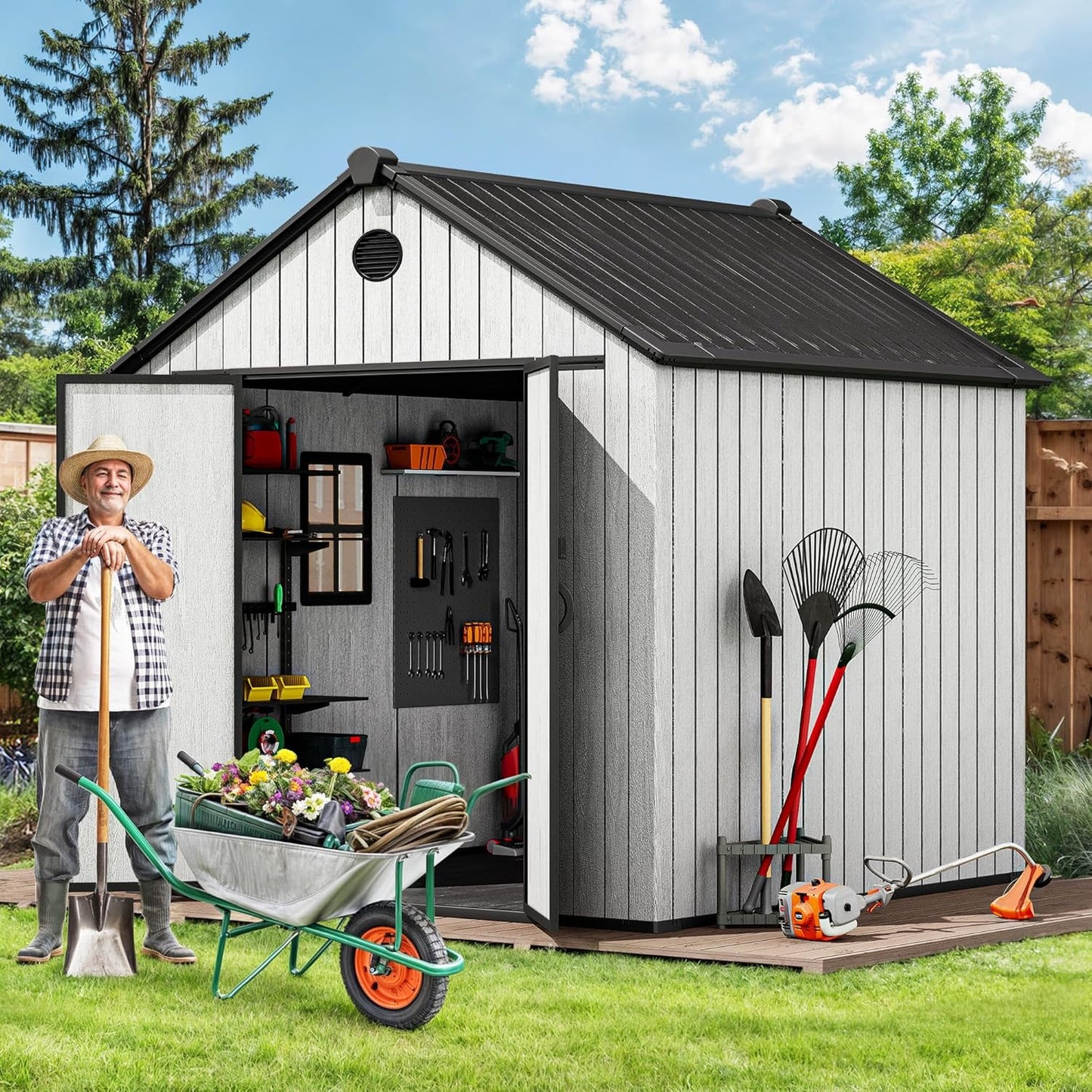 YITAHOME 8 x 8 ft Outdoor Plastic Storage Shed with Floor, Waterproof Garden Shed with Lockable Door, Windows & Vents, Plastic Tool Storage for Patio Furniture, Lawn Mower, Bike Storage