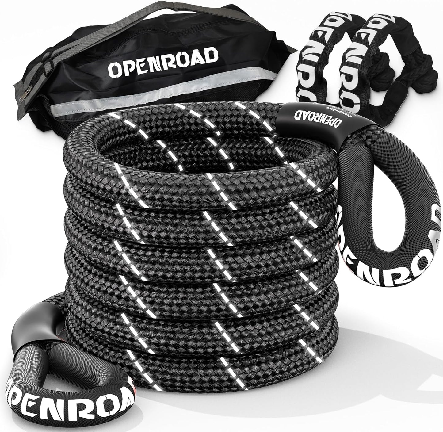 OPENROAD Kinetic Recovery Tow Rope, 36000 Lbs (1in x 30ft with Soft Shackle) Extreme Duty 35% Elasticity Energy Offroad Snatch Strap, Vehicle Recovery Kit for Jeep Car Truck ATV UTV SUV