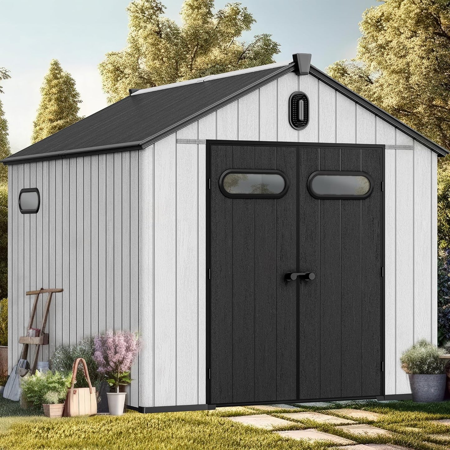 YITAHOME 8x10ft Outdoor Resin Storage Shed with Floor, 544 cuft Waterproof Garden Shed with Lockable Door, Windows & Vents, Plastic Tool Storage for Patio Furniture, Lawnmower, and Bike Storage, Gray