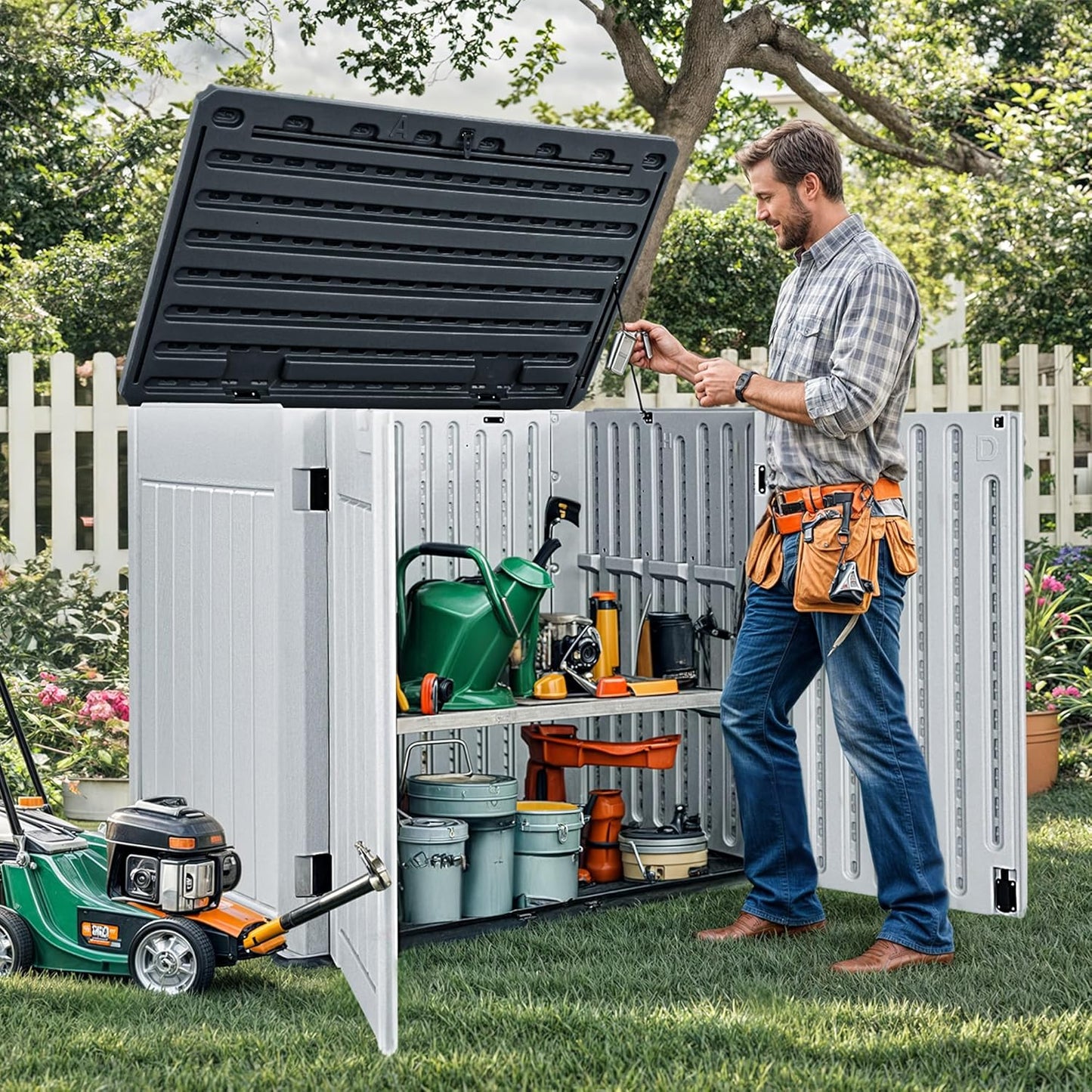 DWVO 47 cu ft Spacious Horizontal Storage Unit, Outdoor Resin Tool Locker Without Shelf, Waterproof Lockable Container with Base for Gardening, Waste Bins, Grass Cutter, 4.5x2.8x3.9 ft, Light Gray