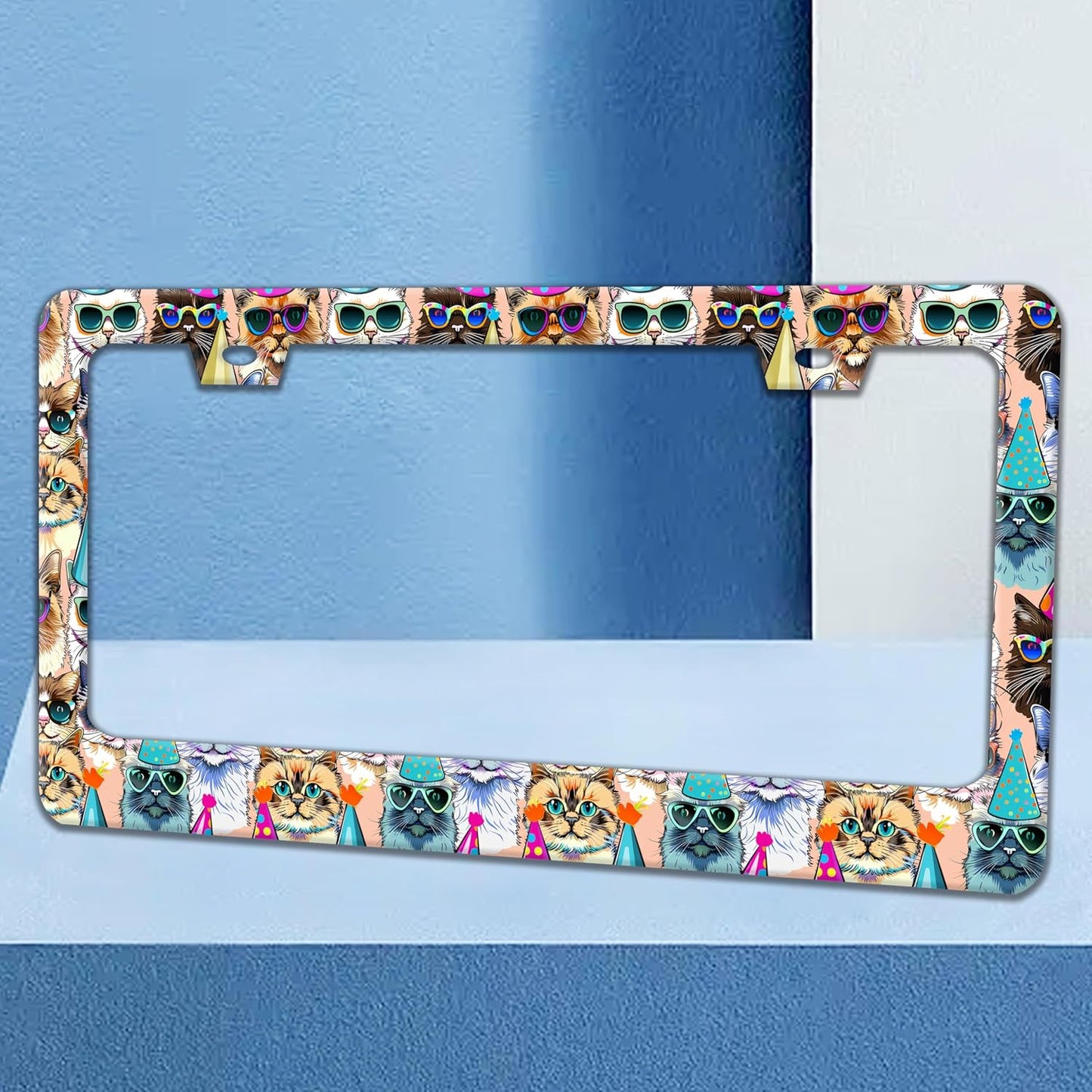 Funny Cat License Plate Frame Pet Cartoon License Plate Holders Stainless Steel Auto Accessory Bracket 2 Hole with Screws Universal Us Car License Plate Frames 6x12 Inch for Women Men