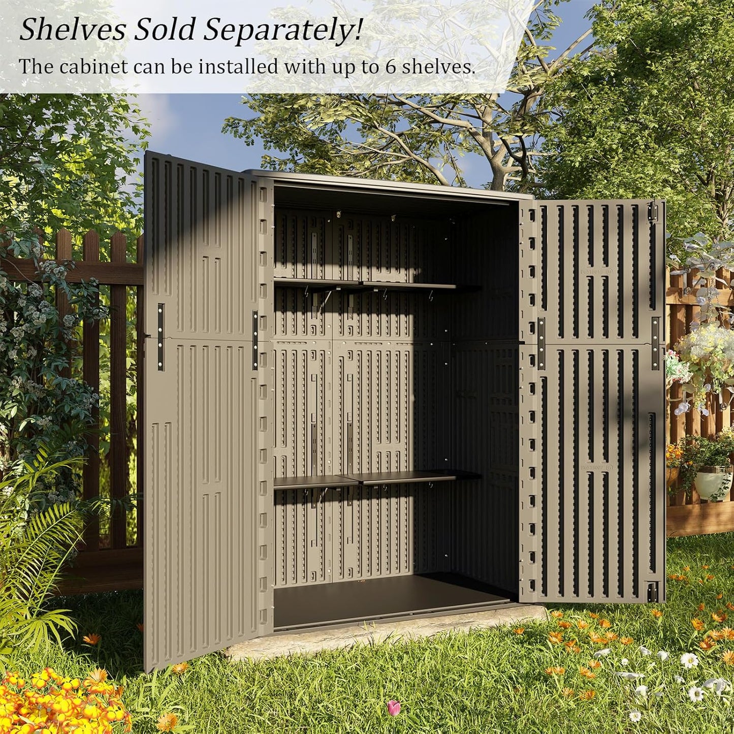 HOMSPARK Outdoor Storage Shed Weather Resistance, Patio Storage Cabinet Lockable Resin Tool Shed for Storage of Bike, Trash Cans, Garden Tools (Shallow Coffee, 66 Cu.ft)