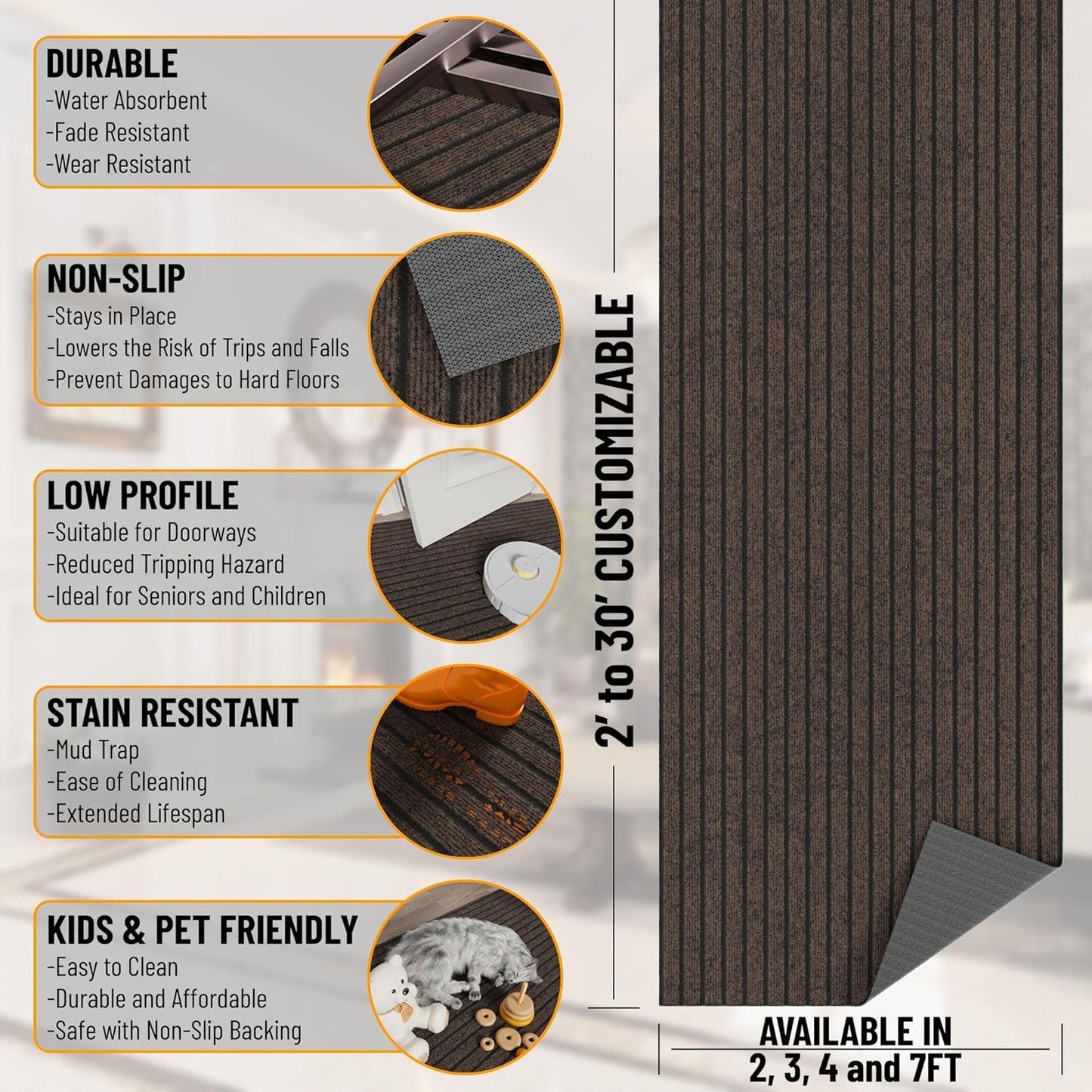 Ottomanson 2'7" x 11' Hallway Runner with Scraper Pile - Extra Durable Non-Slip Rug Mat for Indoor & Outdoor Use - Ideal for Kitchen, Entryway & Garage - High-Traffic Carpet, Brown