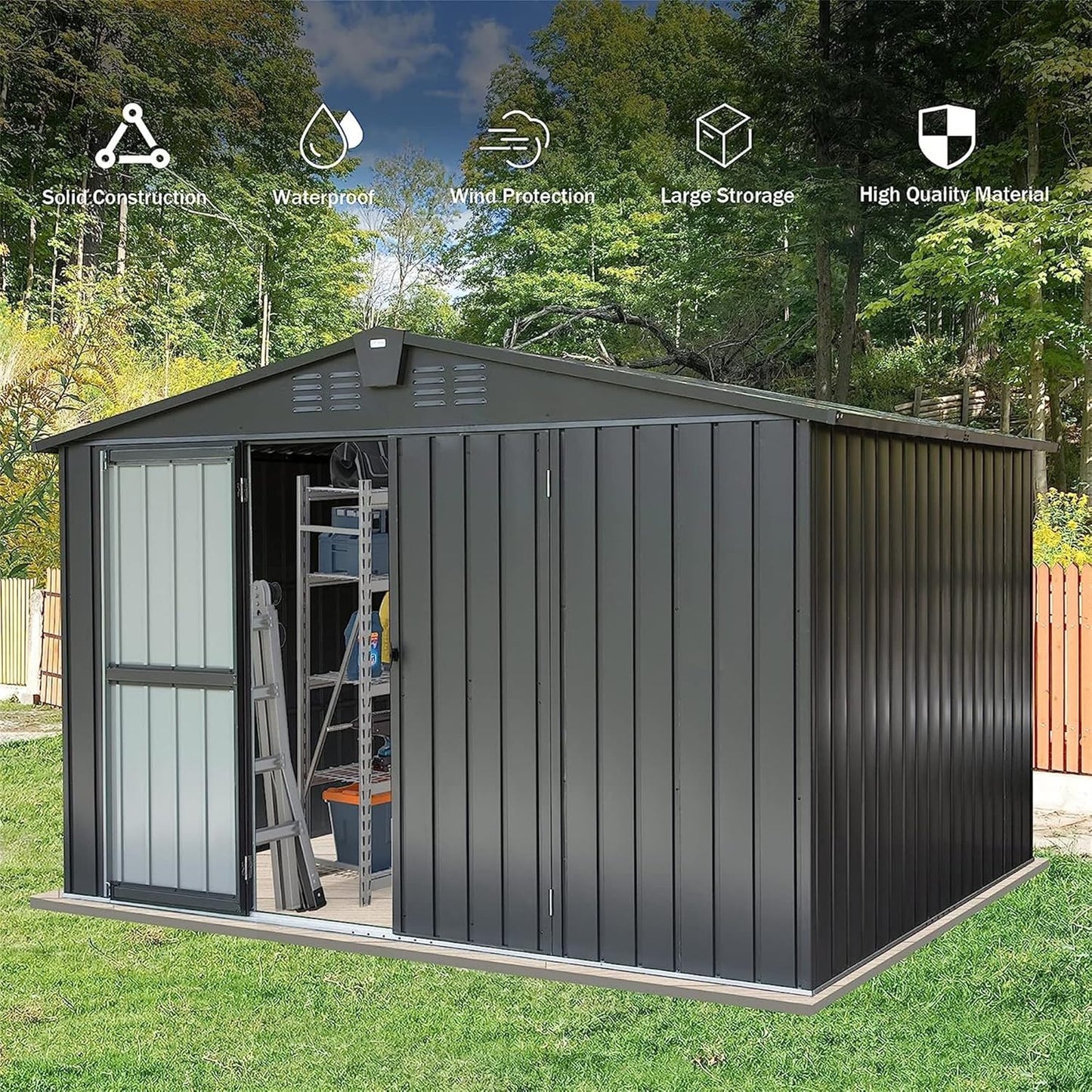 IKERY Galvanized Steel Storage Shed - 10' x 8' with Lockable Door, Extra - Large Metal Garden Shed for Bikes, Tools and Trash Cans, Perfect for Backyard and Patio, Dark Gray
