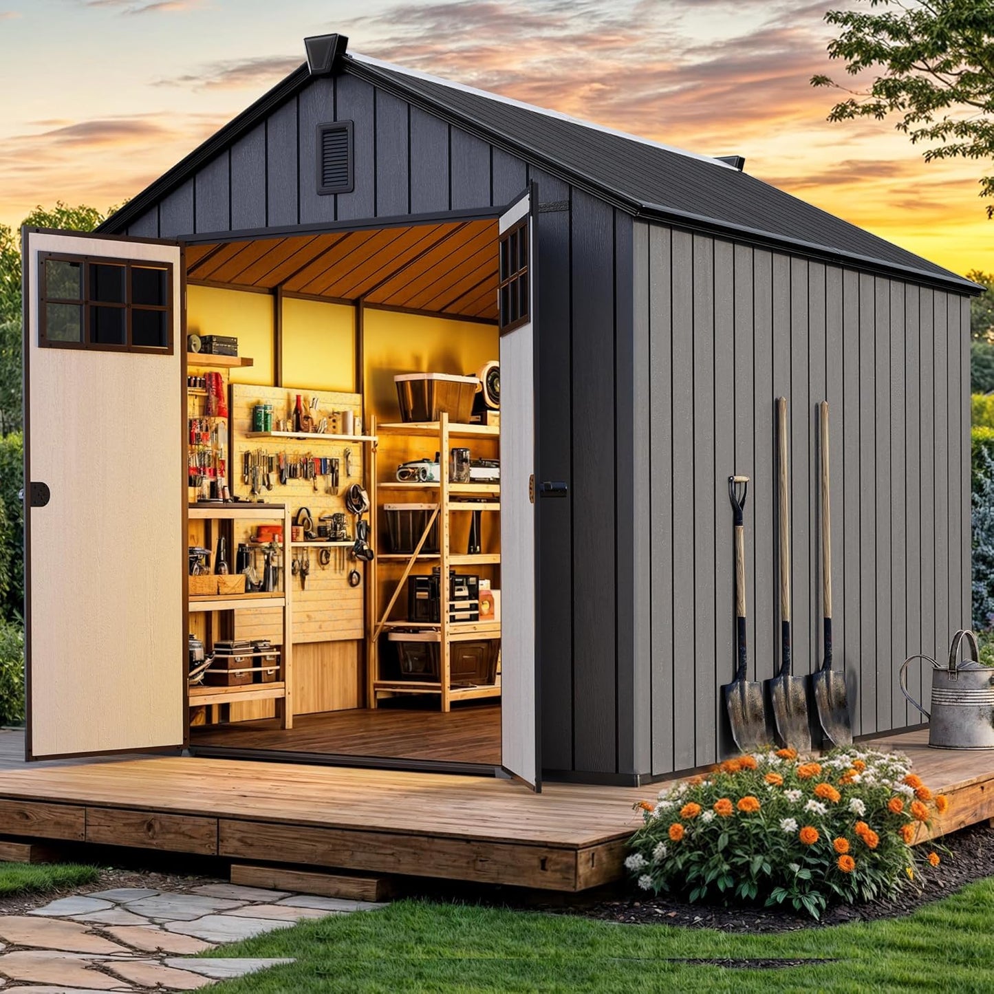 YITAHOME Outdoor Storage Shed 8x10 Ft, Plastic Storage Sheds with Floor, Lockable Doors, Windows, and Vents for Patio, Lawn, Backyard, Large Garden Storage for Bikes, Mowers, and Garden Tools, Black